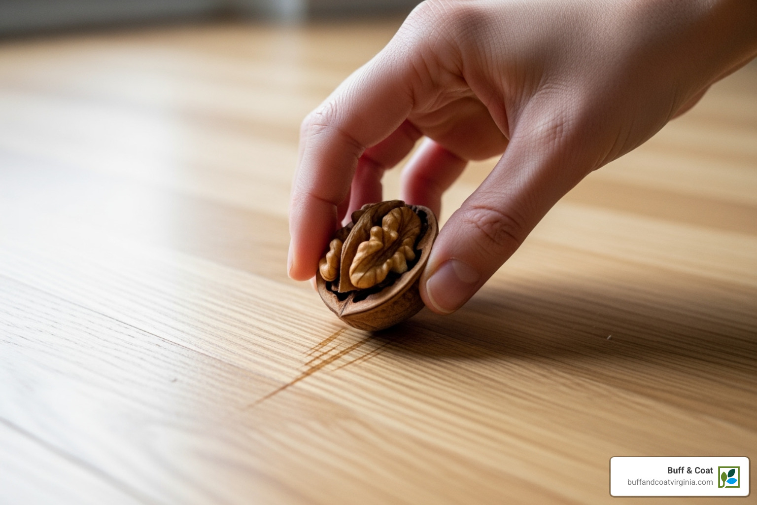 Person rubbing a walnut on a light floor scratch - Fix Scratched Wood Floors Person rubbing a walnut on a light floor scratch - Fix Scratched Wood Floors