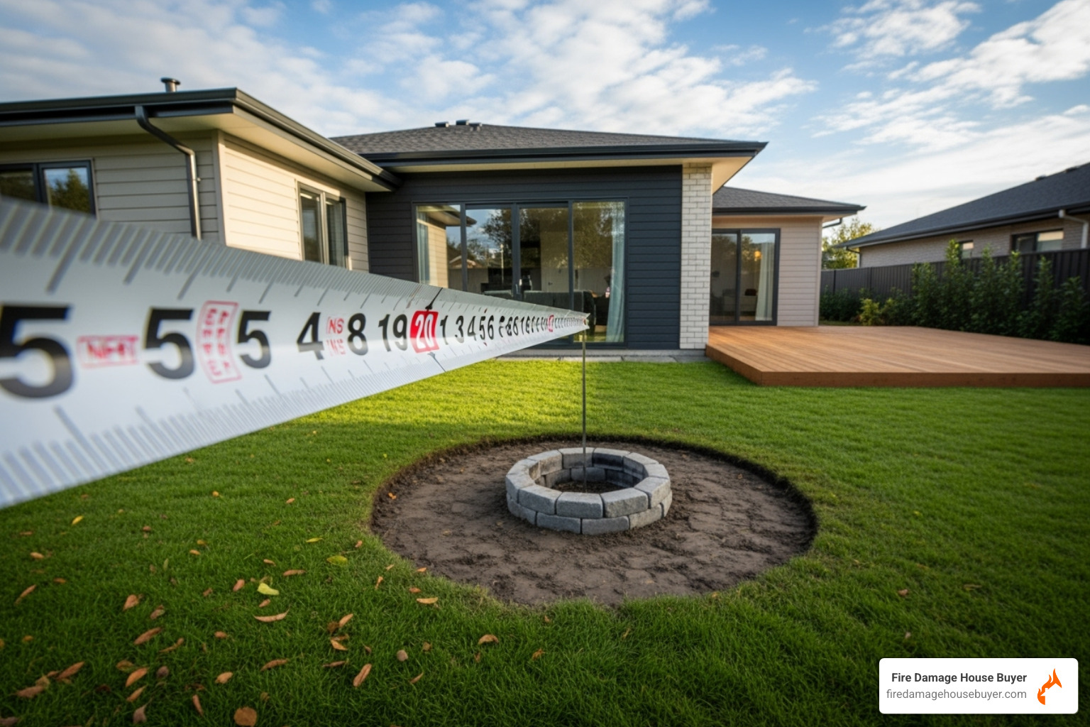 A measuring tape showing 25 feet distance from a house to a fire pit - how far should fire pit be from house​