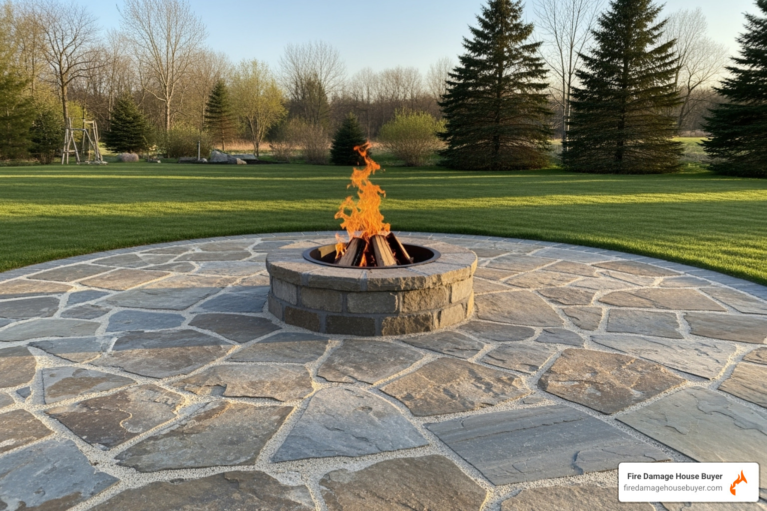 A fire pit correctly placed on a stone paver patio away from any structures - how far should fire pit be from house​