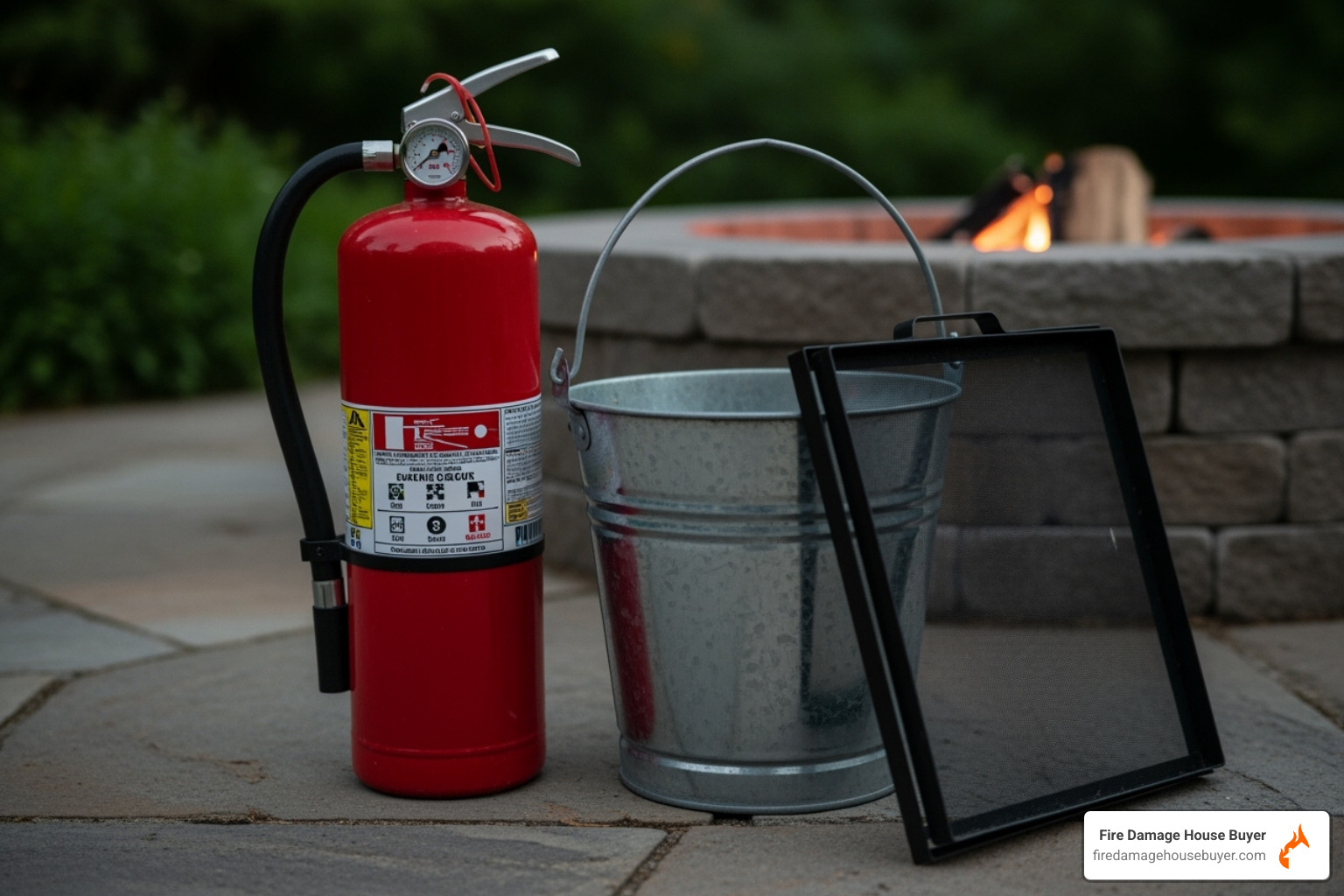 Essential fire pit safety gear: fire extinguisher, water bucket, and spark screen - how far should fire pit be from house​