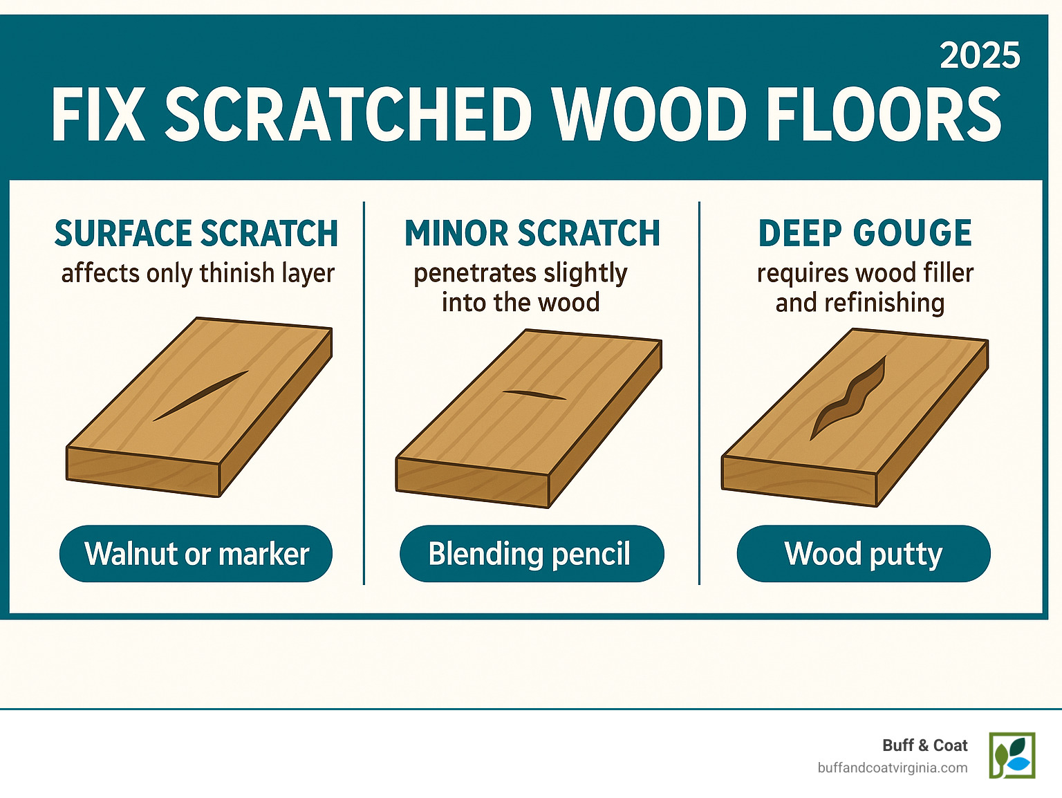 Infographic showing the three main types of wood floor scratches: surface scratches affecting only the finish layer, minor scratches penetrating slightly into the wood, and deep gouges requiring wood filler and refinishing, with corresponding repair methods for each type - Fix Scratched Wood Floors infographic Infographic showing the three main types of wood floor scratches: surface scratches affecting only the finish layer, minor scratches penetrating slightly into the wood, and deep gouges requiring wood filler and refinishing, with corresponding repair methods for each type - Fix Scratched Wood Floors infographic