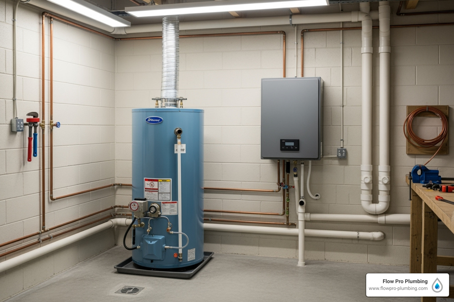showing a tank and a tankless water heater side-by-side - water heater replacement Brentwood showing a tank and a tankless water heater side-by-side - water heater replacement Brentwood