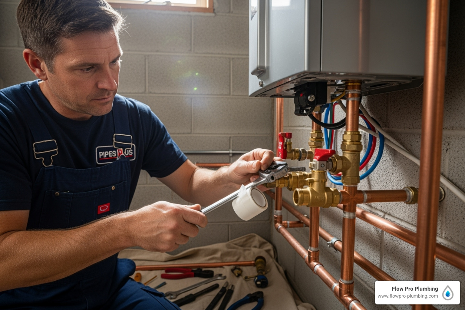 of a professional plumber working on connecting pipes to a new water heater - water heater replacement Brentwood of a professional plumber working on connecting pipes to a new water heater - water heater replacement Brentwood