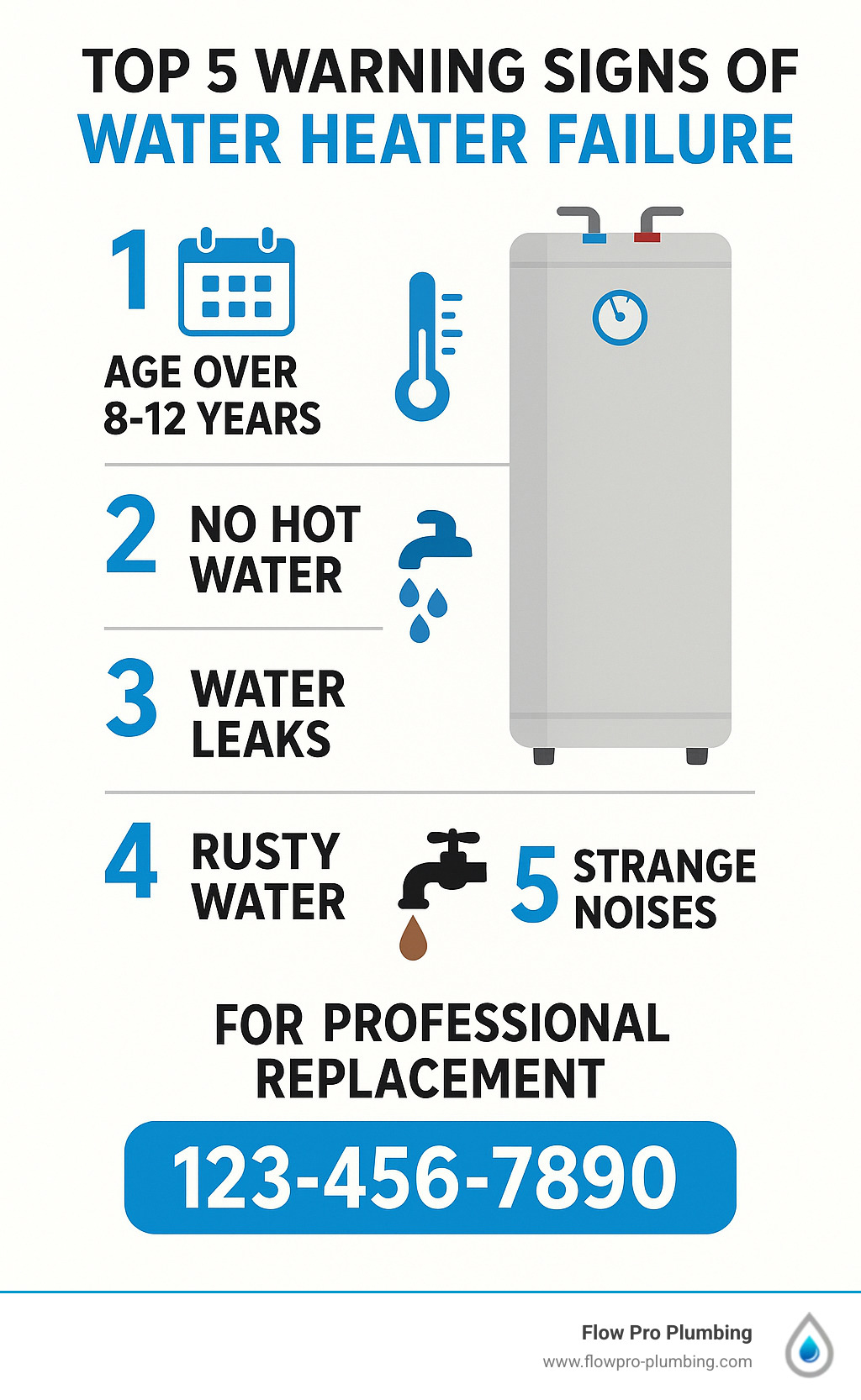 Infographic showing the top 5 warning signs of water heater failure: 1) Age over 8-12 years with calendar icon, 2) No hot water with thermometer showing cold, 3) Water leaks with droplets around unit base, 4) Rusty discolored water coming from faucet, 5) Strange noises with sound wave symbols, plus emergency contact information for professional replacement services - water heater replacement Brentwood infographic Infographic showing the top 5 warning signs of water heater failure: 1) Age over 8-12 years with calendar icon, 2) No hot water with thermometer showing cold, 3) Water leaks with droplets around unit base, 4) Rusty discolored water coming from faucet, 5) Strange noises with sound wave symbols, plus emergency contact information for professional replacement services - water heater replacement Brentwood infographic