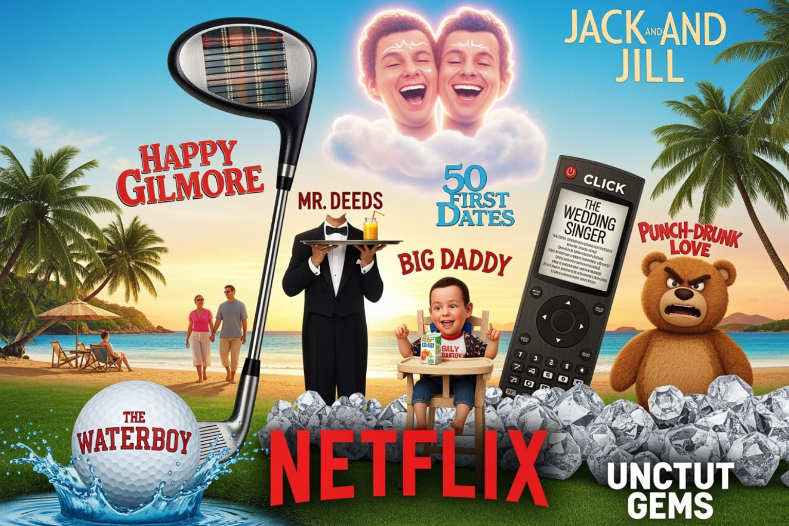Netflix logo with Adam Sandler movie titles - adam sandler net worth