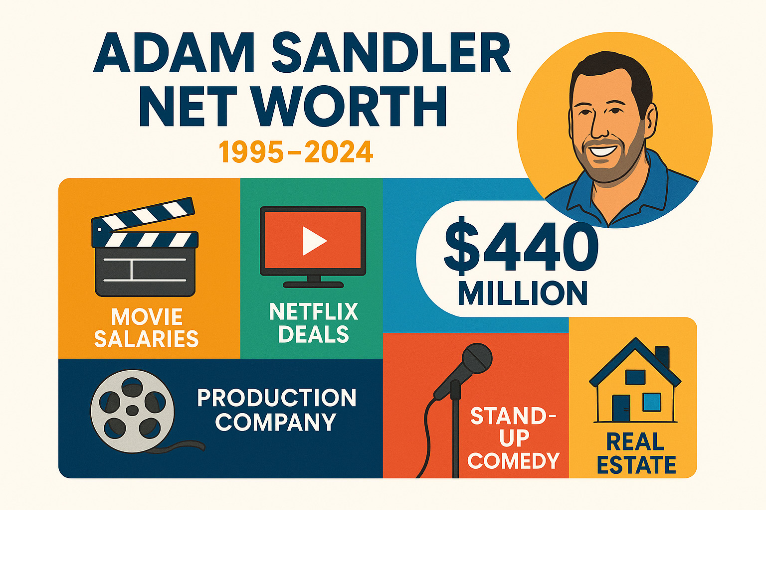 Detailed breakdown of Adam Sandler's net worth sources including movie salaries, Netflix deals, production company earnings, stand-up comedy revenue, and real estate investments from 1995 to 2024 - adam sandler net worth infographic 