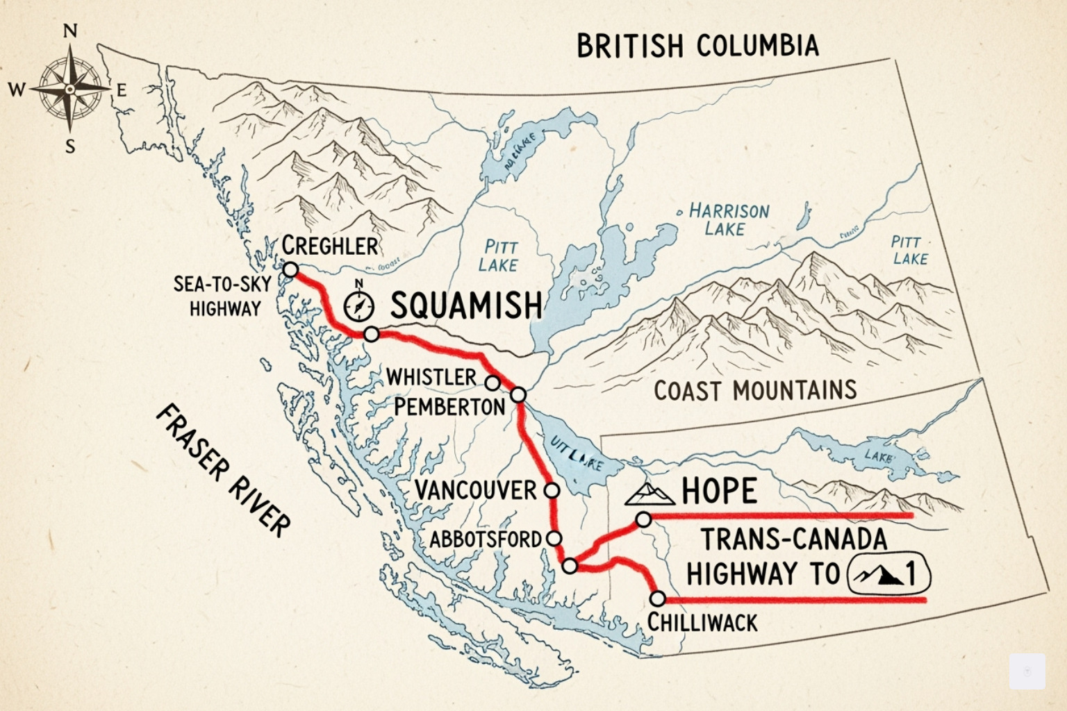 Map showing route from Squamish to Hope, B.C. - ryan grantham