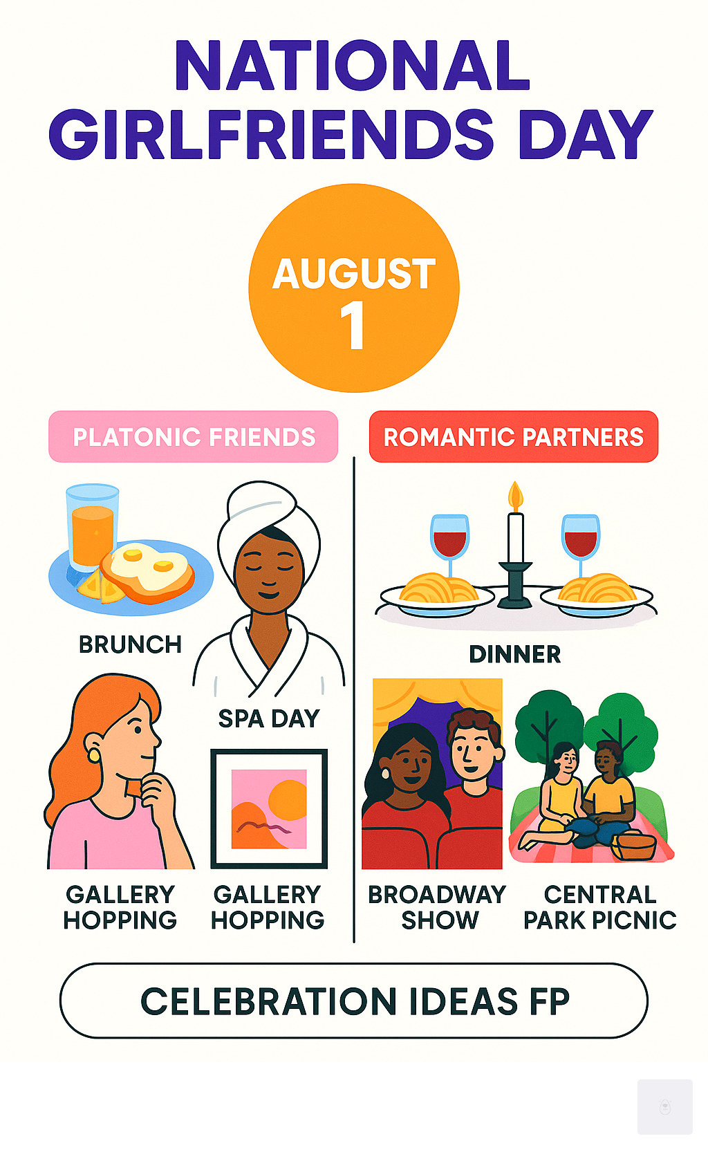 Infographic showing National Girlfriends Day celebration ideas split between platonic friends (brunch, spa day, gallery hopping) and romantic partners (dinner, Broadway show, Central Park picnic) with August 1st date prominently displayed - national girlfriends day infographic 