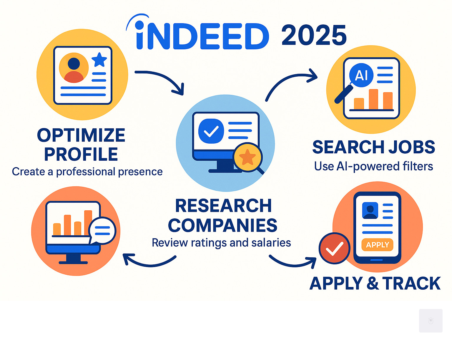 Comprehensive infographic showing Indeed's job search process: creating an optimized profile, using AI-powered search filters, researching companies through reviews and salary data, applying with resume builder tools, and tracking applications through the mobile app dashboard - indeed infographic 