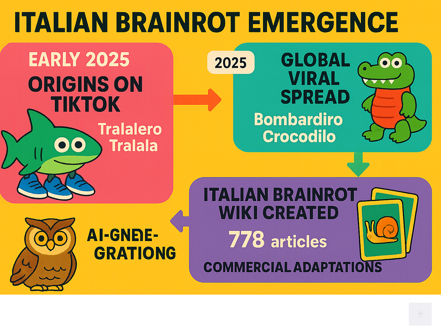 Infographic showing the timeline of Italian brainrot emergence from early 2025 TikTok origins through global viral spread, featuring key characters and milestones including the creation of the Italian Brainrot Wiki with 778 articles and commercial adaptations like trading cards - italian brainrot infographic 
