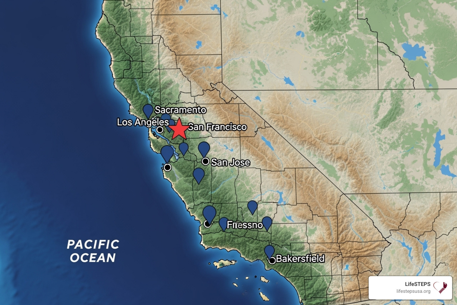 Map highlighting LifeSTEPS' service areas in California with markers for Sacramento and other key cities - low income rental assistance Map highlighting LifeSTEPS' service areas in California with markers for Sacramento and other key cities - low income rental assistance