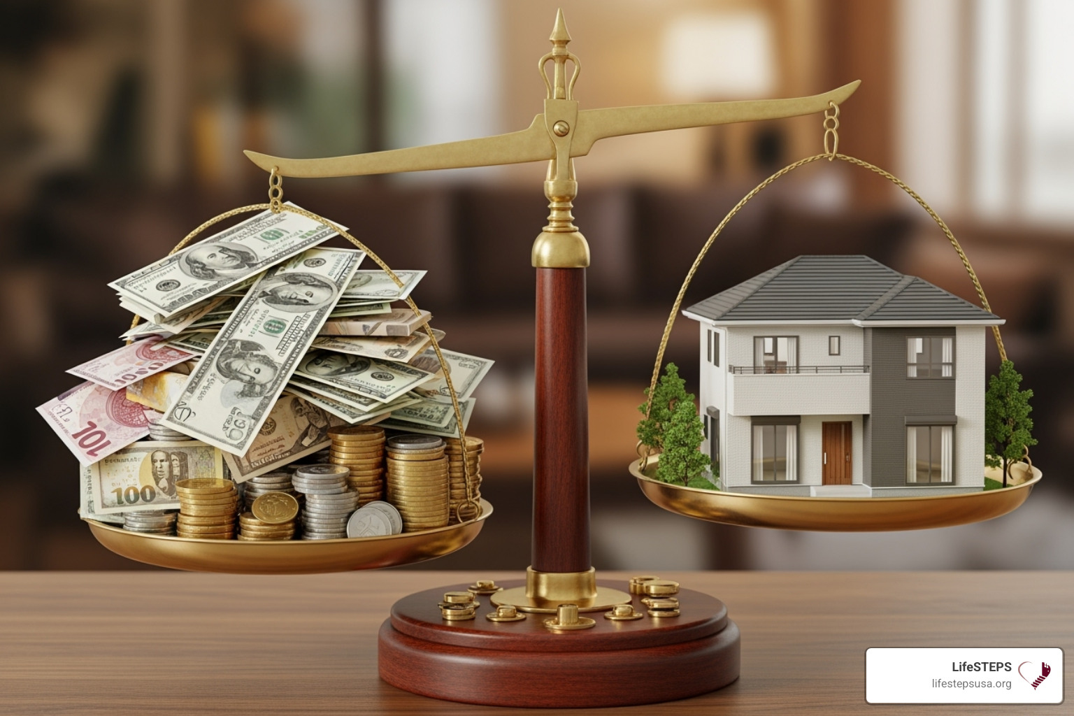 Scale balancing household income against housing costs, illustrating the concept of affordability and core housing need - low income rental assistance Scale balancing household income against housing costs, illustrating the concept of affordability and core housing need - low income rental assistance