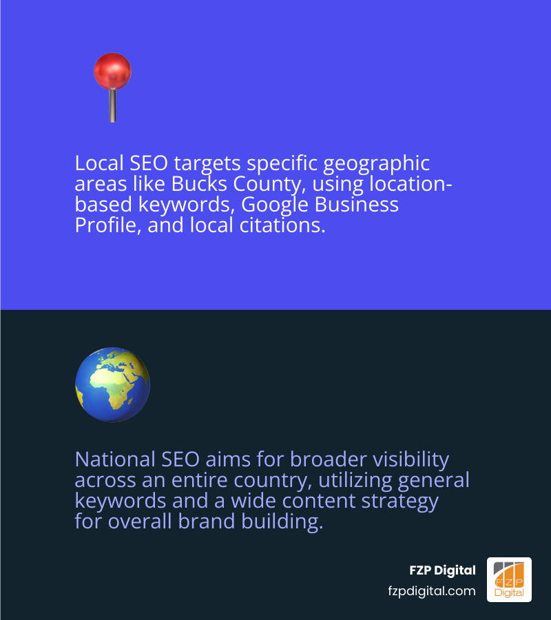 Infographic showing the key differences between local SEO (targeting specific geographic areas like Bucks County with location-based keywords, Google Business Profile optimization, and local citations) versus national SEO (broader keyword targeting, national content strategy, and general brand building) - local search engine optimization bucks county infographic 2_facts_emoji_blue Infographic showing the key differences between local SEO (targeting specific geographic areas like Bucks County with location-based keywords, Google Business Profile optimization, and local citations) versus national SEO (broader keyword targeting, national content strategy, and general brand building) - local search engine optimization bucks county infographic 2_facts_emoji_blue