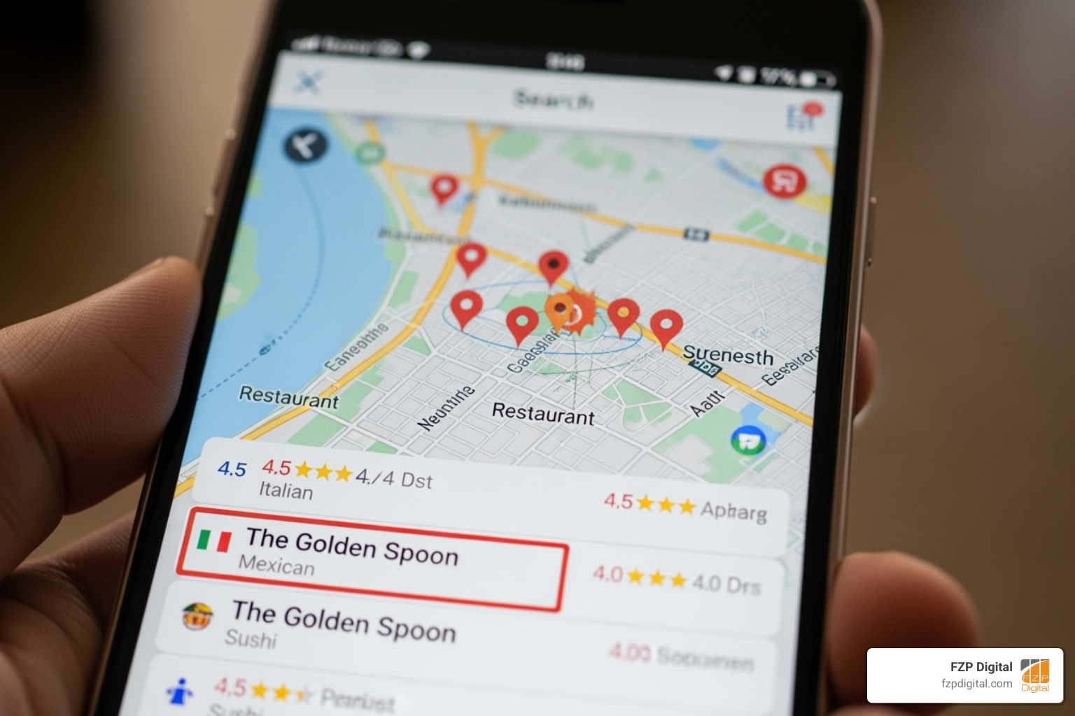A smartphone displaying a local search for "restaurants near me" with a map interface and restaurant listings - local search engine optimization bucks county A smartphone displaying a local search for "restaurants near me" with a map interface and restaurant listings - local search engine optimization bucks county