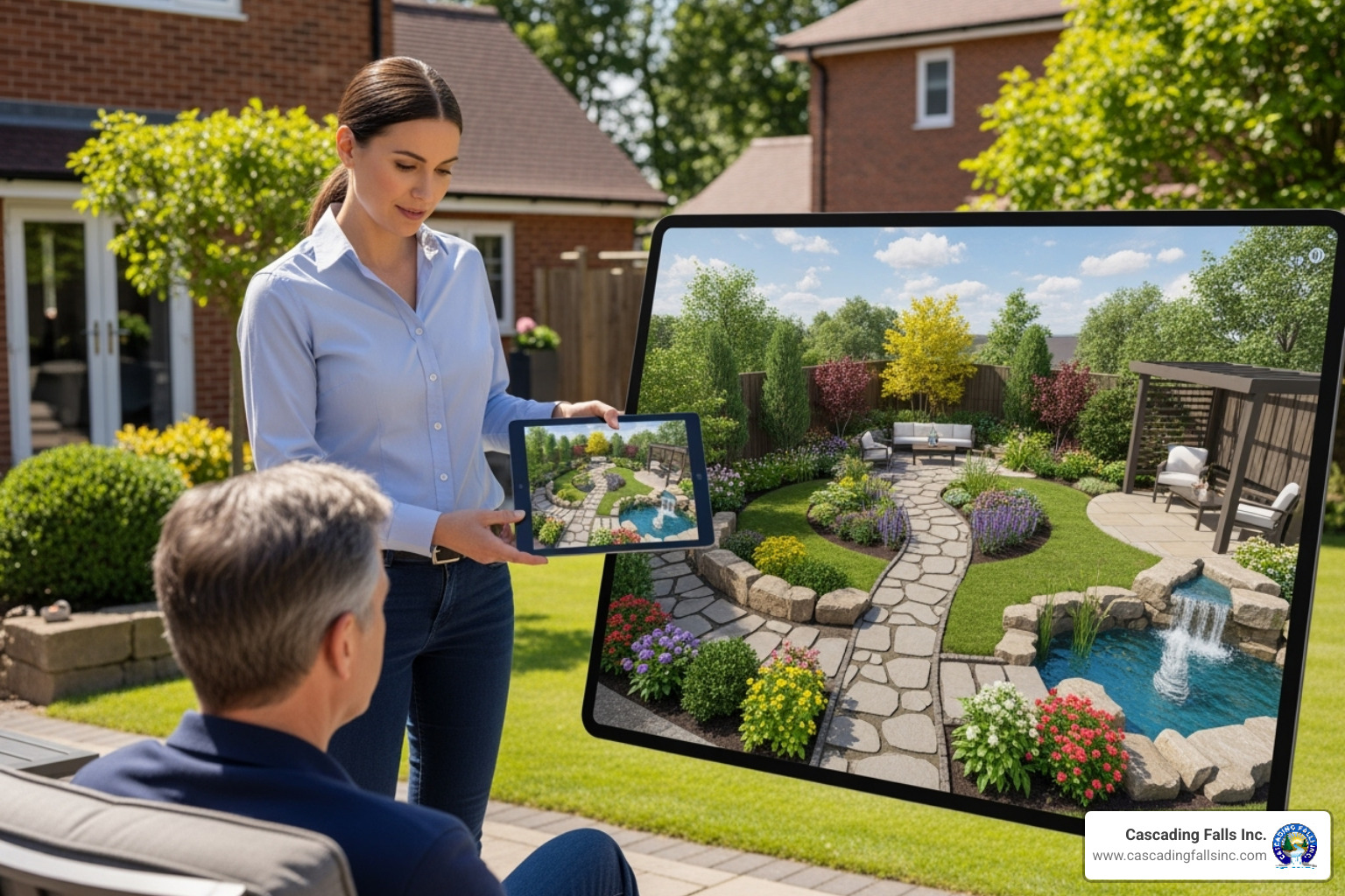 A landscape designer presenting a 3D rendering on a tablet to a client on-site, showcasing a detailed garden plan. - Professional landscape design A landscape designer presenting a 3D rendering on a tablet to a client on-site, showcasing a detailed garden plan. - Professional landscape design