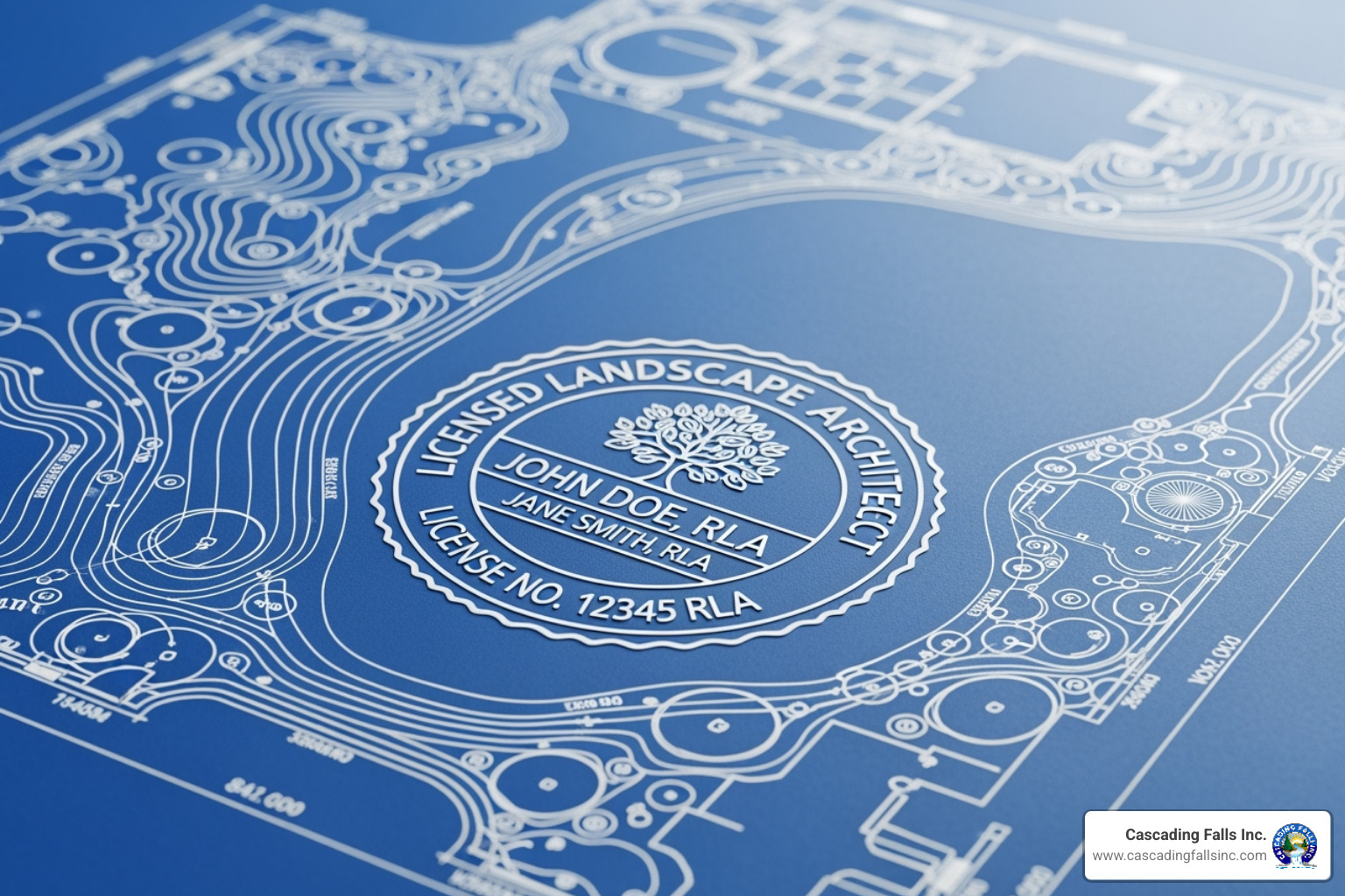 A close-up image of a landscape architect's official seal on a detailed blueprint, emphasizing professionalism and certification. - Professional landscape design A close-up image of a landscape architect's official seal on a detailed blueprint, emphasizing professionalism and certification. - Professional landscape design
