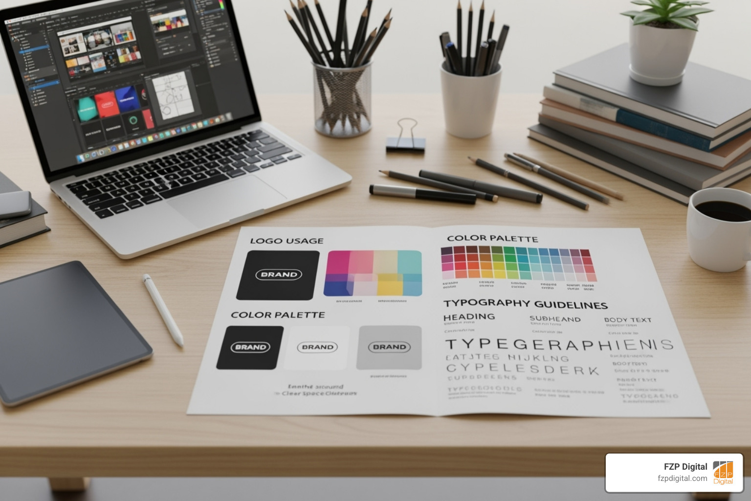 A designer's desk with a brand style guide showing logo usage, color palettes, and typography guidelines - what does a brand identity designer do A designer's desk with a brand style guide showing logo usage, color palettes, and typography guidelines - what does a brand identity designer do