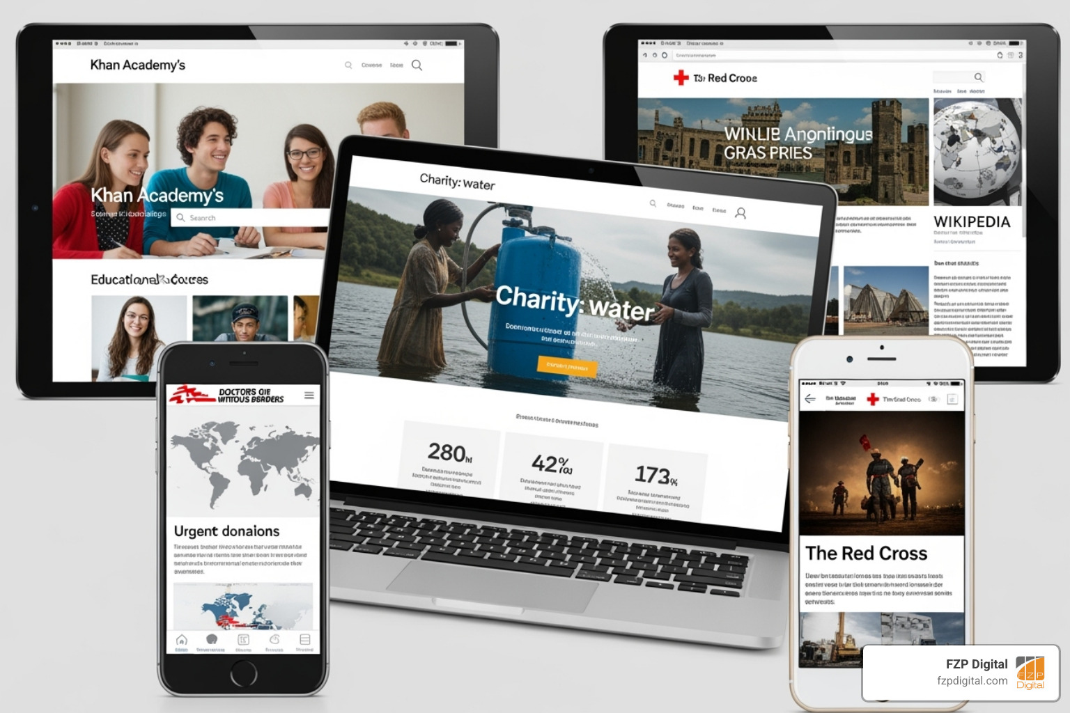 Collage of successful nonprofit websites on different devices - how to build a nonprofit website on wordpress Collage of successful nonprofit websites on different devices - how to build a nonprofit website on wordpress