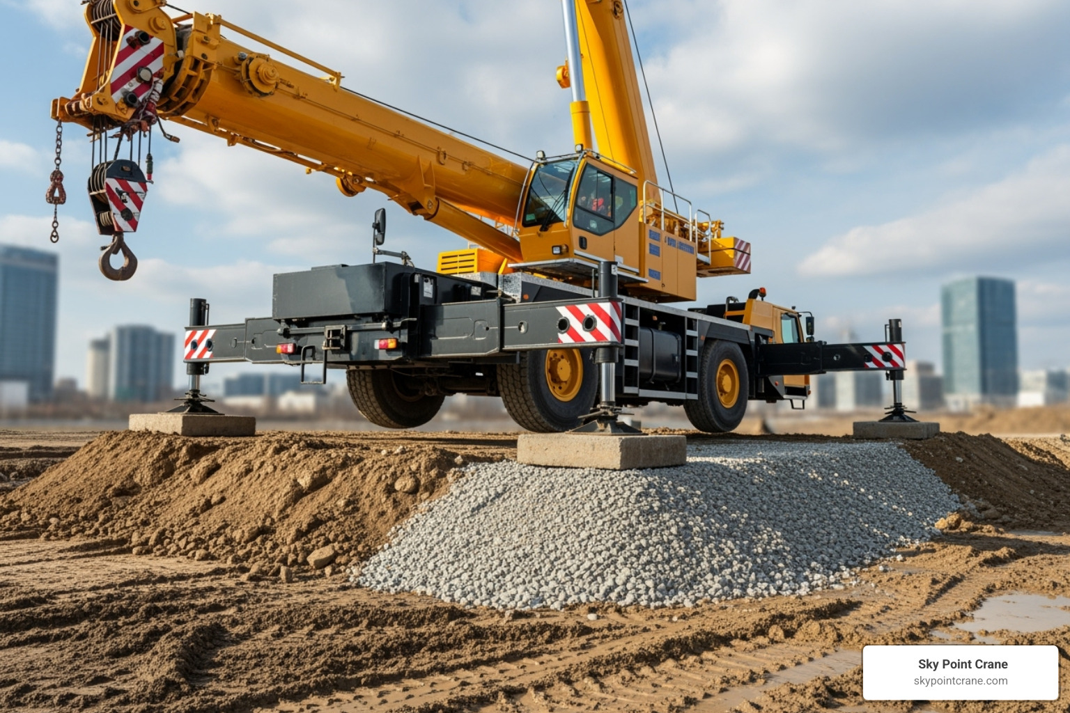 crane set up with outrigger pads on uneven ground - Industrial heavy lifting