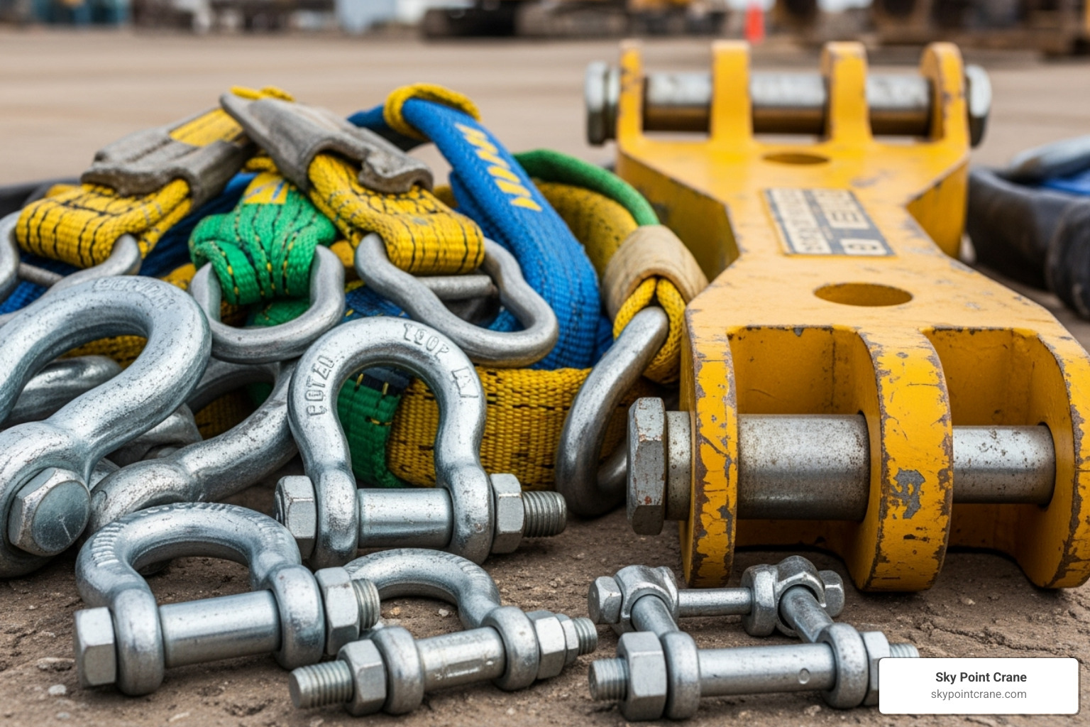 various rigging components like slings, shackles, and a spreader beam - Industrial heavy lifting