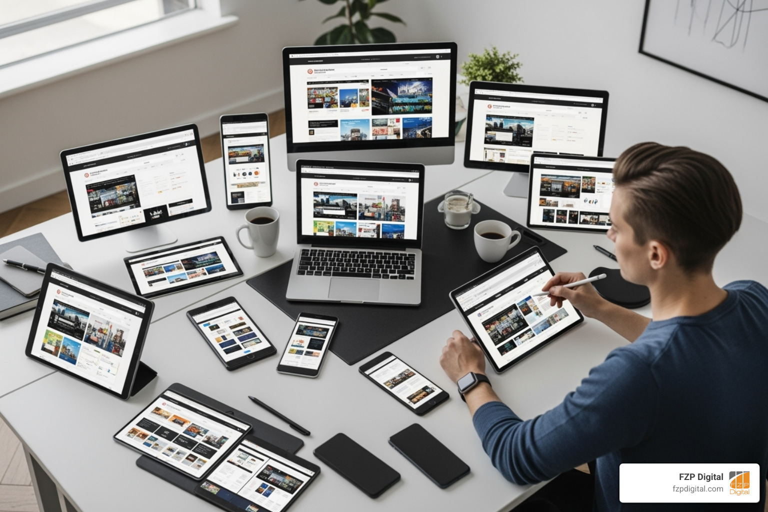 Person testing a website on multiple real devices - responsive website design