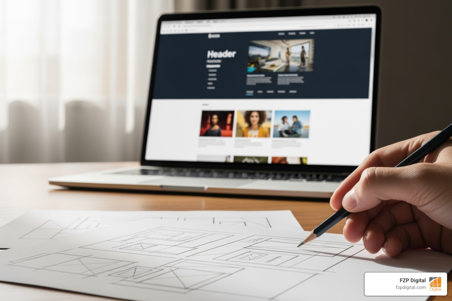 A hand sketching a website wireframe with a laptop showing a completed website design - bucks county web design A hand sketching a website wireframe with a laptop showing a completed website design - bucks county web design