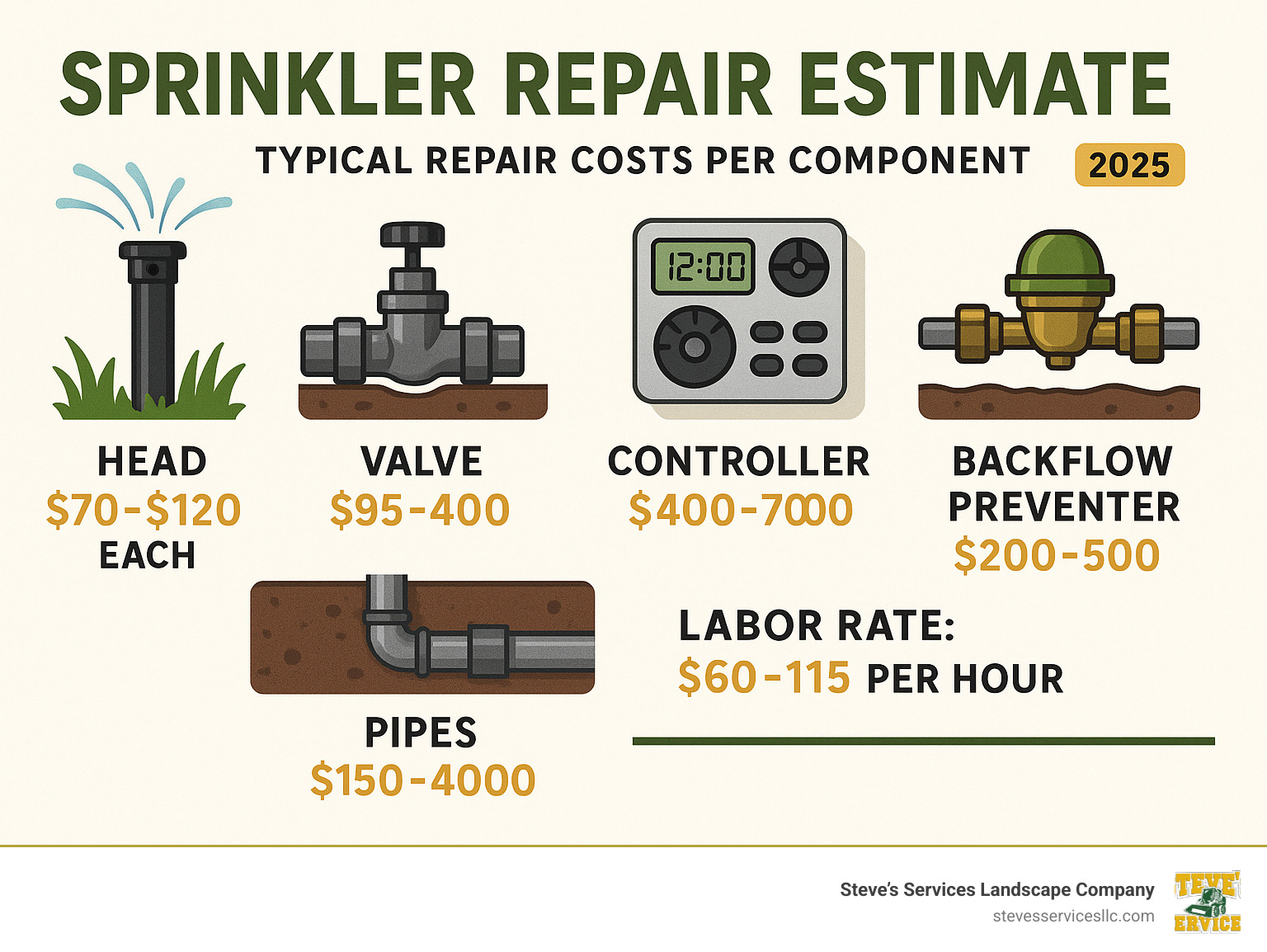 Detailed breakdown of sprinkler system components showing typical repair costs for heads, valves, controllers, pipes, and backflow preventers with labor estimates - sprinkler repair estimate infographic 