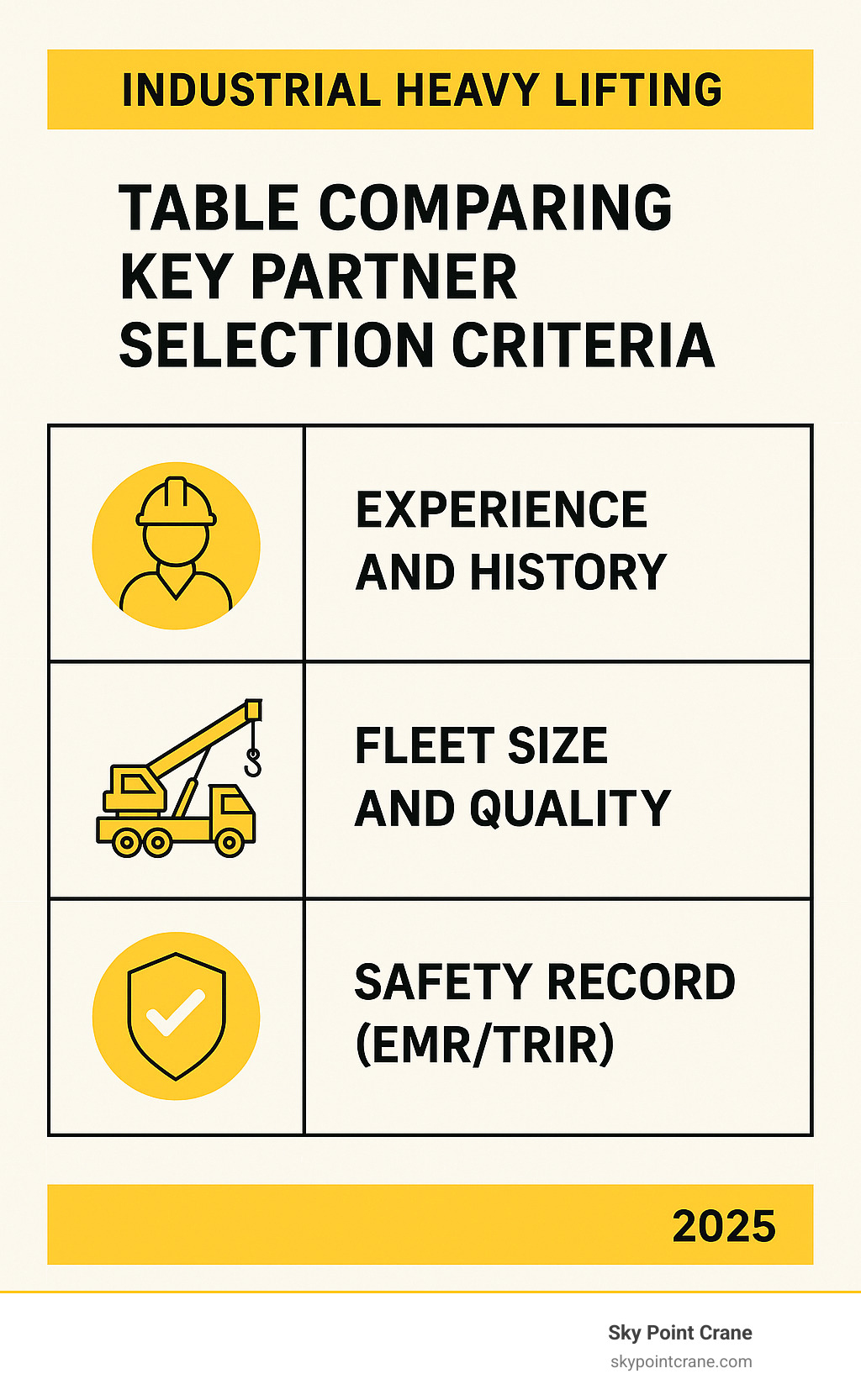 table comparing key partner selection criteria - Industrial heavy lifting infographic 