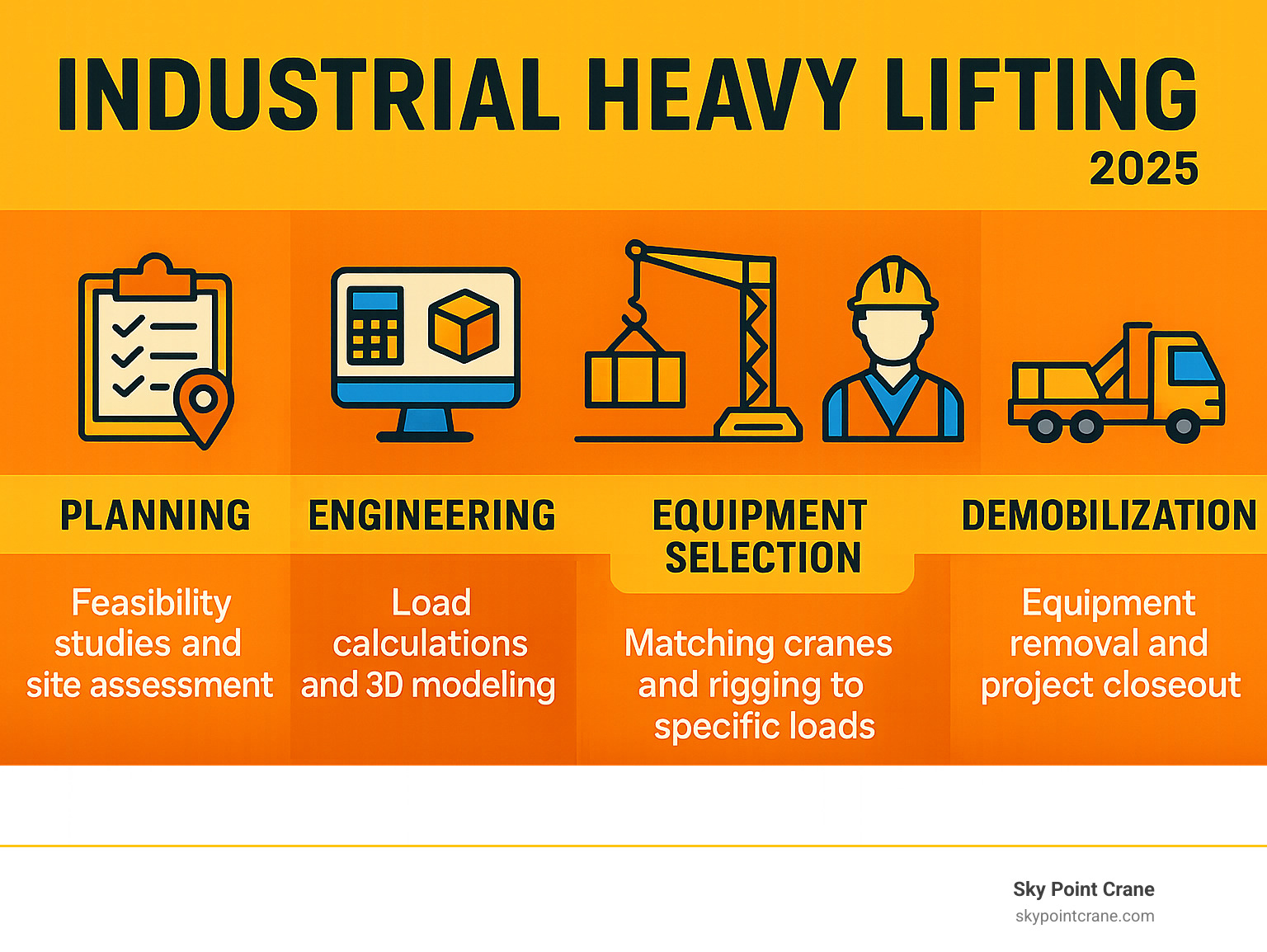 Infographic showing the 5 key phases of industrial heavy lifting: Planning phase with feasibility studies and site assessment, Engineering phase with load calculations and 3D modeling, Equipment Selection phase matching cranes and rigging to specific loads, Execution phase with certified operators and safety protocols, and Demobilization phase with equipment removal and project closeout - Industrial heavy lifting infographic 