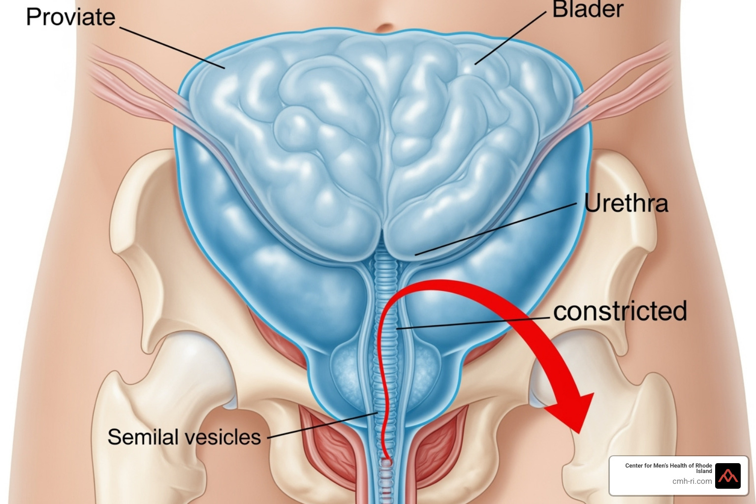 An image illustrating an enlarged prostate gland pressing on the bladder and urethra, showing the impact on urinary flow. - hyperplasia