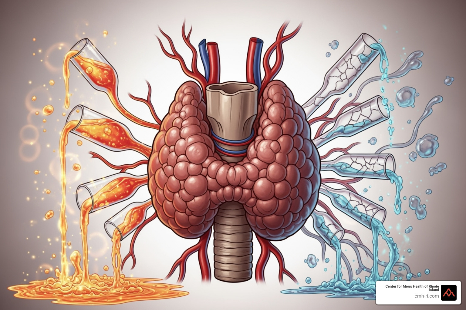 A graphic illustrating hormonal imbalance affecting an organ, with imbalanced hormone levels represented by overflowing and empty beakers, and a target organ depicted as swollen or enlarged. - hyperplasia