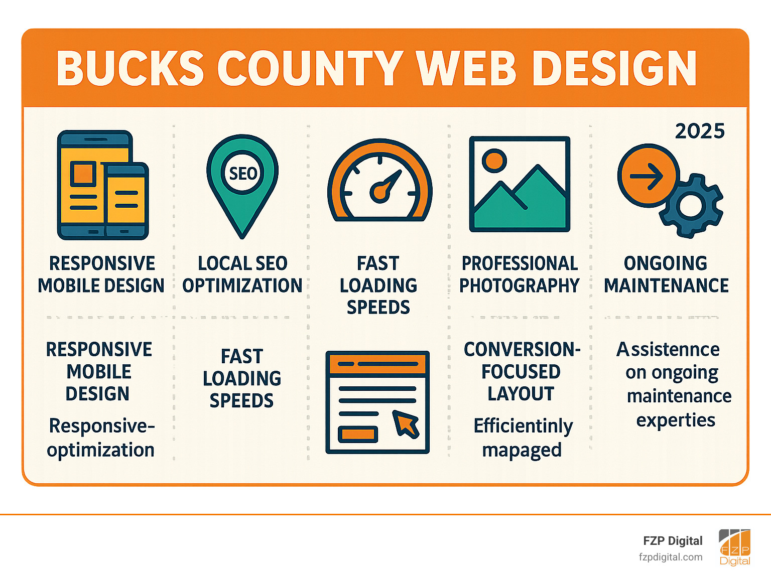 Infographic showing the key elements of successful Bucks County web design including responsive mobile design, local SEO optimization, fast loading speeds, professional photography, clear navigation, conversion-focused layout, and ongoing maintenance support - bucks county web design infographic  Infographic showing the key elements of successful Bucks County web design including responsive mobile design, local SEO optimization, fast loading speeds, professional photography, clear navigation, conversion-focused layout, and ongoing maintenance support - bucks county web design infographic