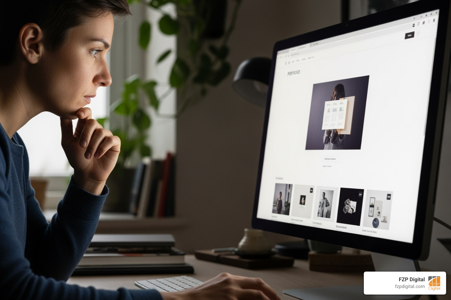 person carefully reviewing a portfolio on a computer screen - wordpress website designing company person carefully reviewing a portfolio on a computer screen - wordpress website designing company