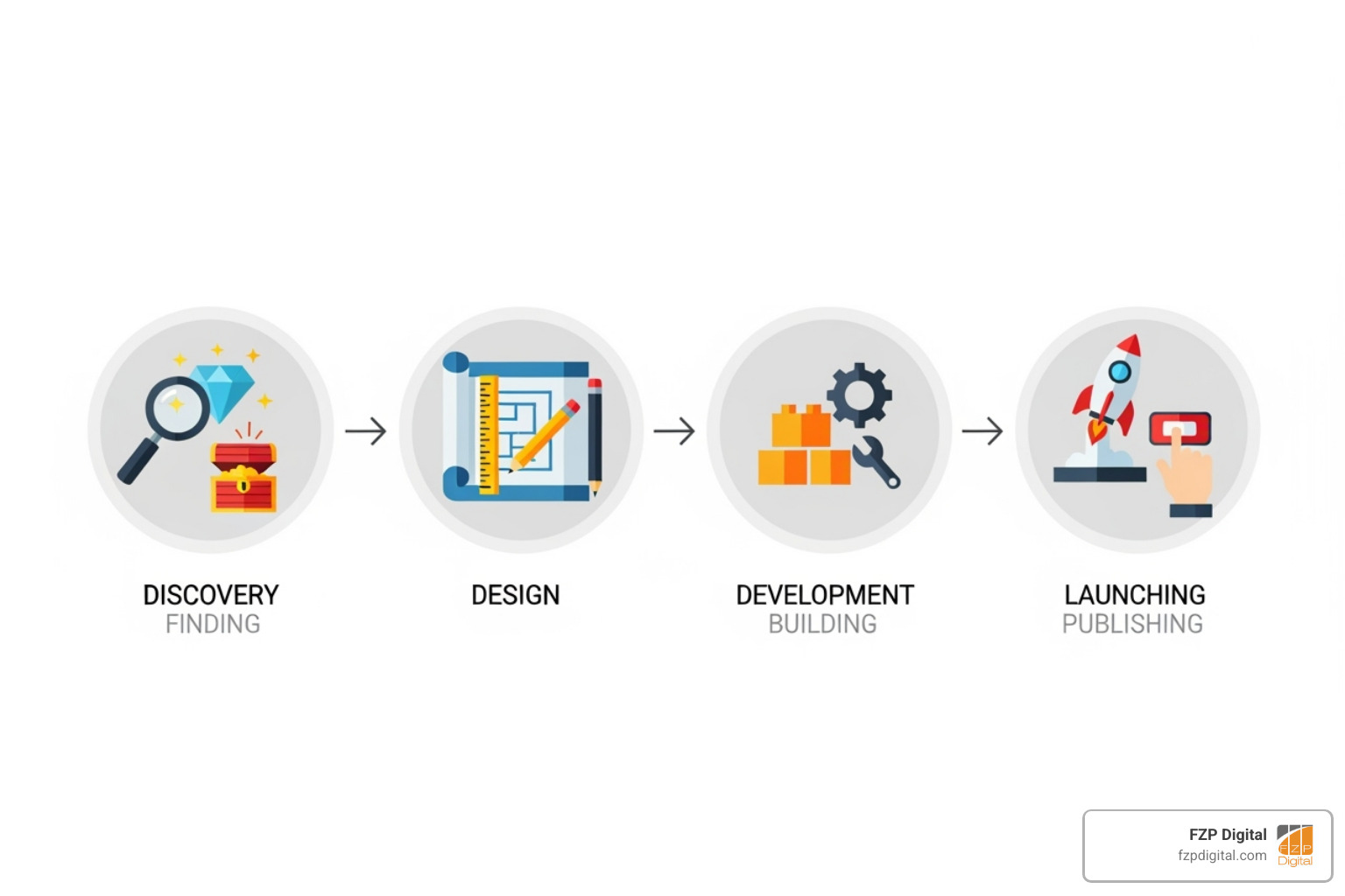illustrating a step-by-step process with icons for findy, design, develop, and launch. - web design doylestown pa illustrating a step-by-step process with icons for findy, design, develop, and launch. - web design doylestown pa