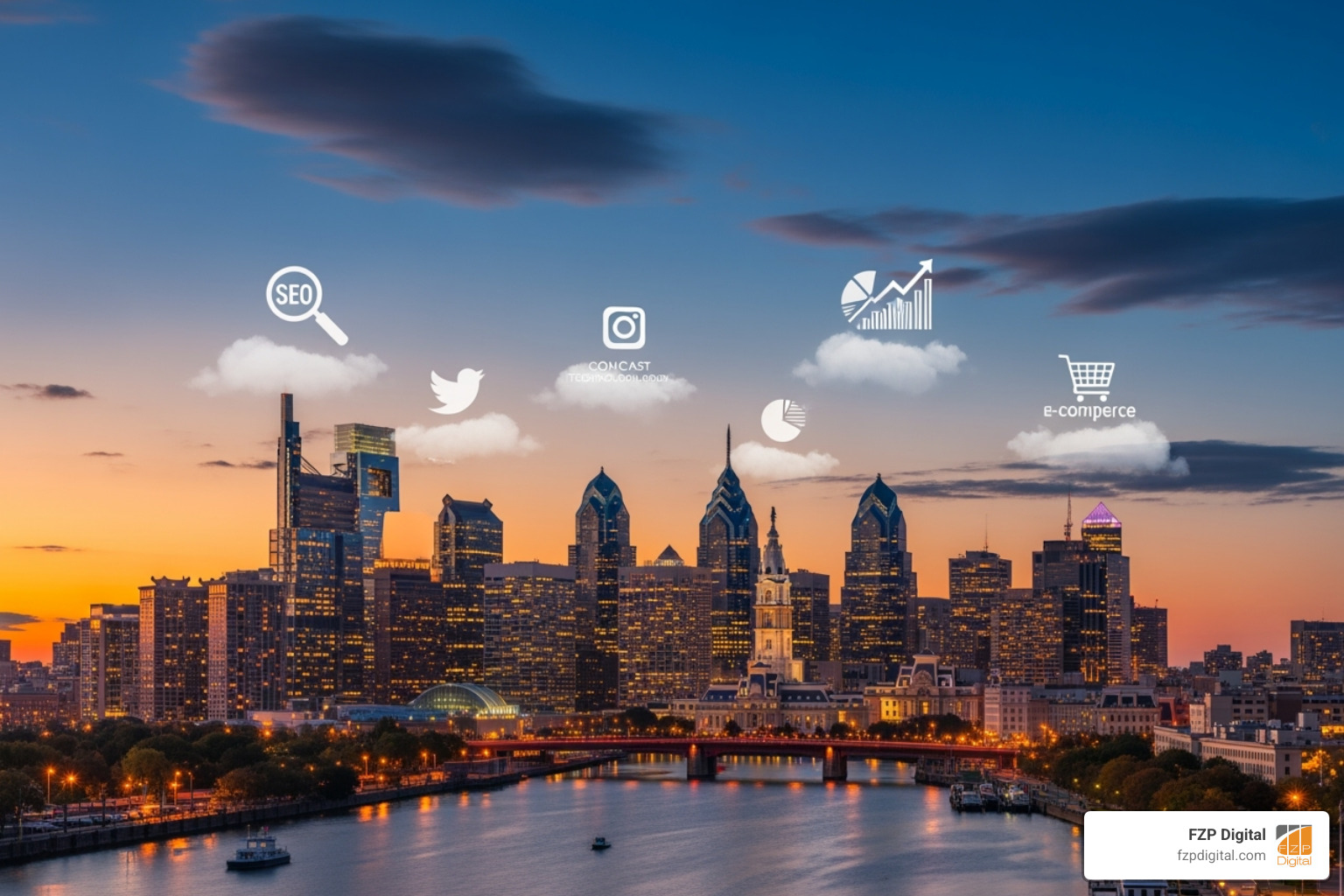 Philadelphia skyline with digital marketing icons - philadelphia seo firm Philadelphia skyline with digital marketing icons - philadelphia seo firm