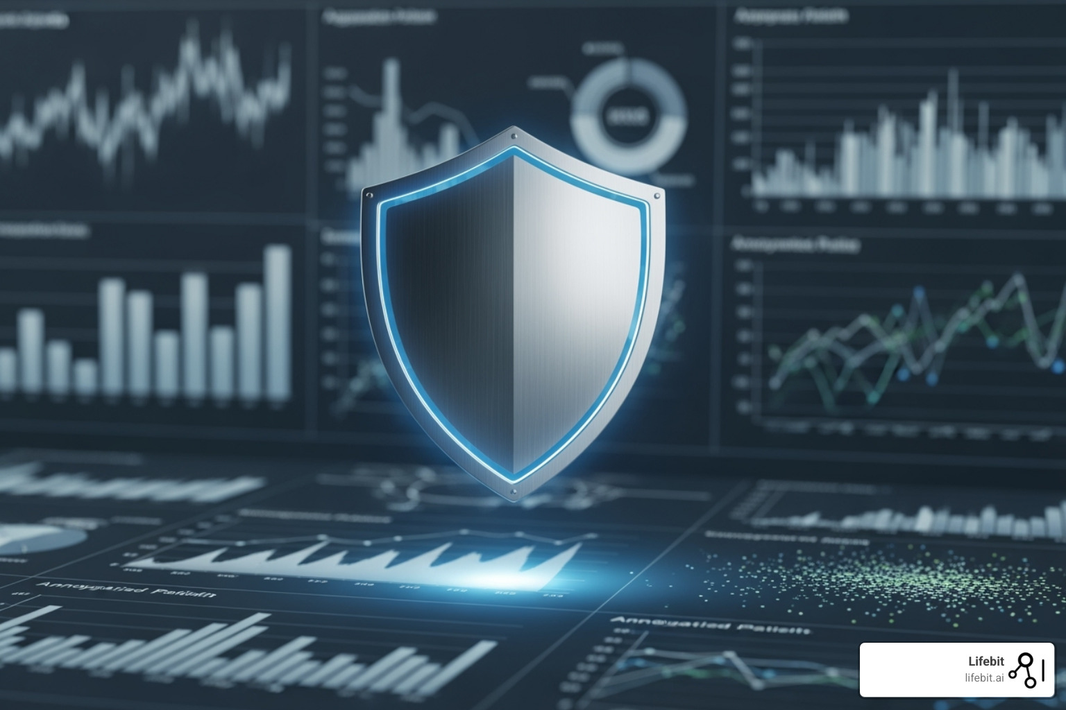 Shield icon overlaying anonymized patient data charts - Clinical trial data