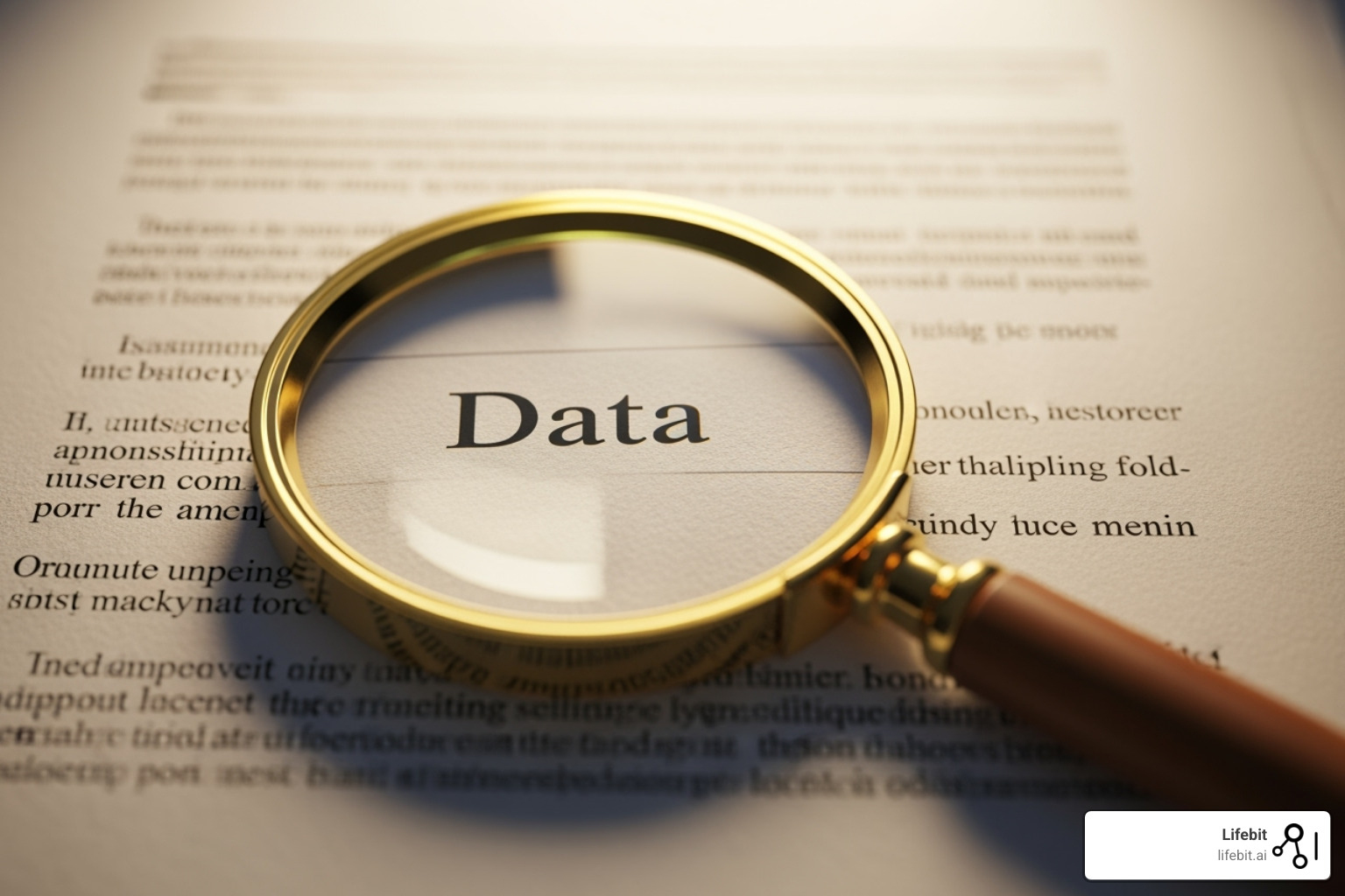Magnifying glass over a document labeled "Data" - Clinical trial data