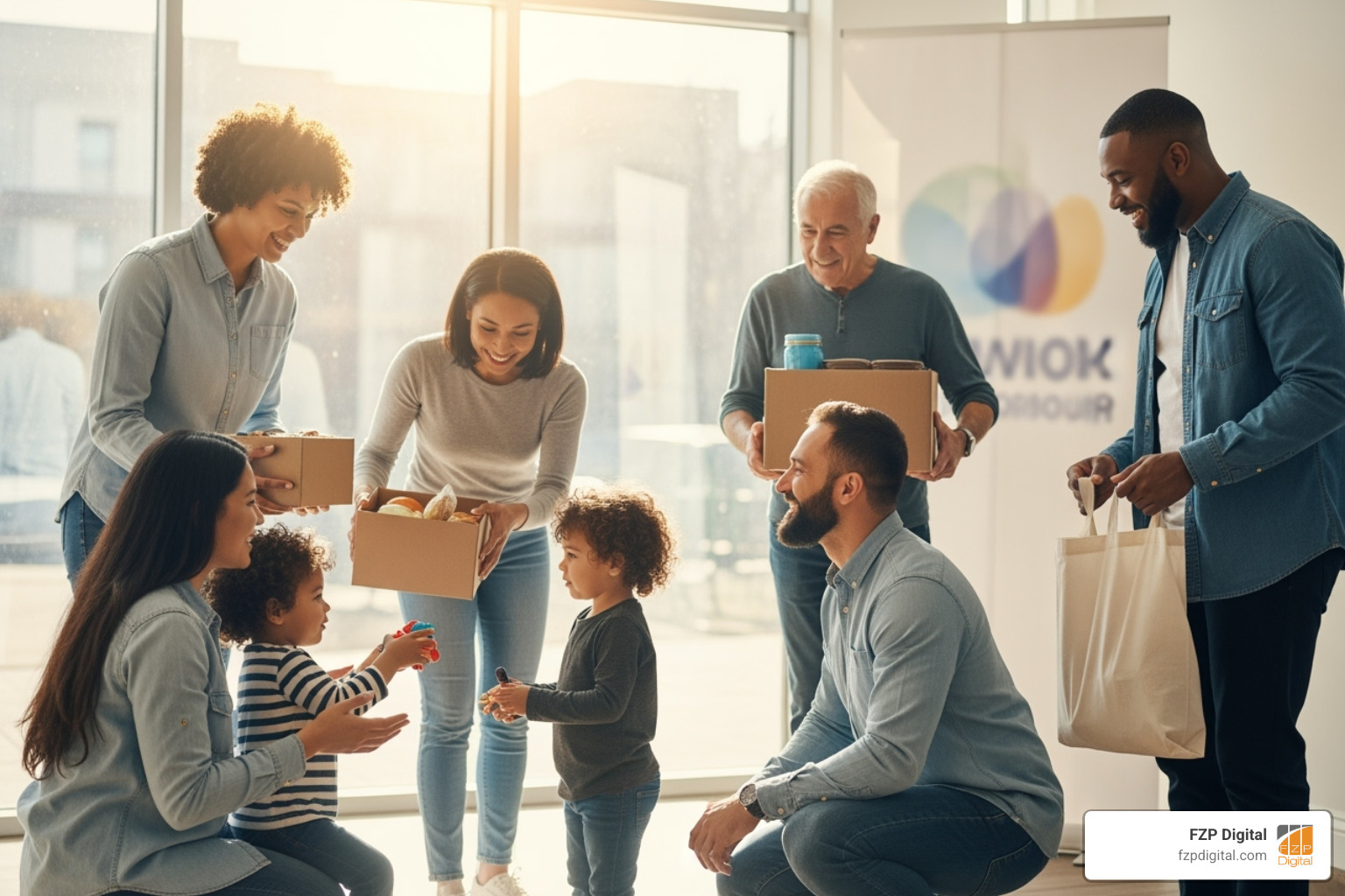 A compelling photo of volunteers helping a family, symbolizing the nonprofit's mission in action - nonprofit website design best practices