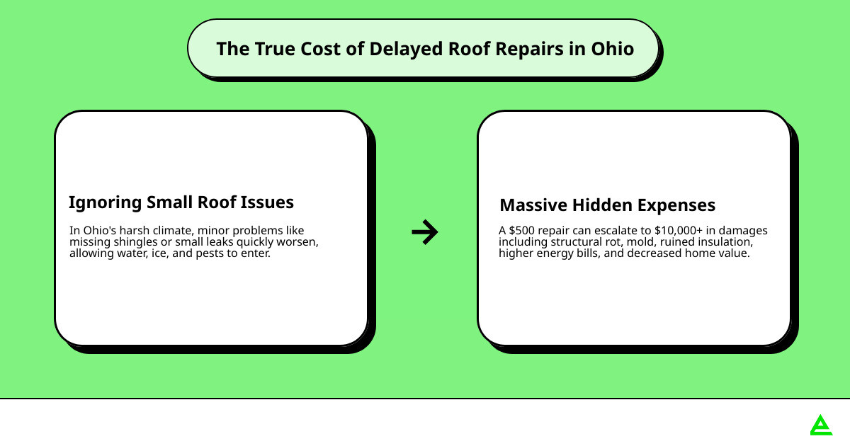Infographic showing cost escalation from $500 minor roof repair to over $10,000 in damages including water damage to ceilings and walls, mold remediation costs, ruined insulation replacement, structural rot repairs, and decreased home value - The Hidden Cost of Delaying Roof Repairs in Ohio infographic cause_effect_text
