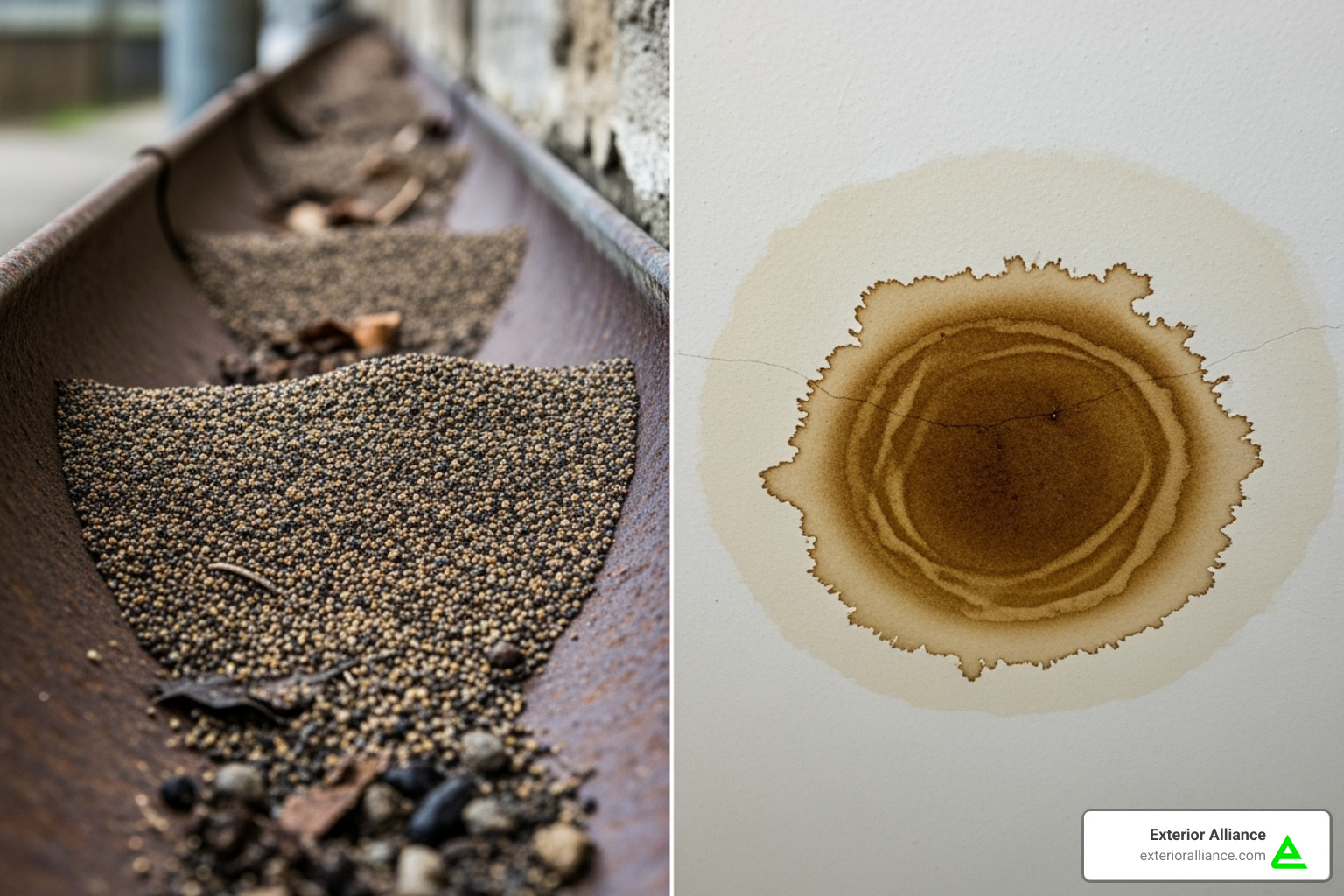Granules in gutter and water stain on ceiling - The Hidden Cost of Delaying Roof Repairs in Ohio