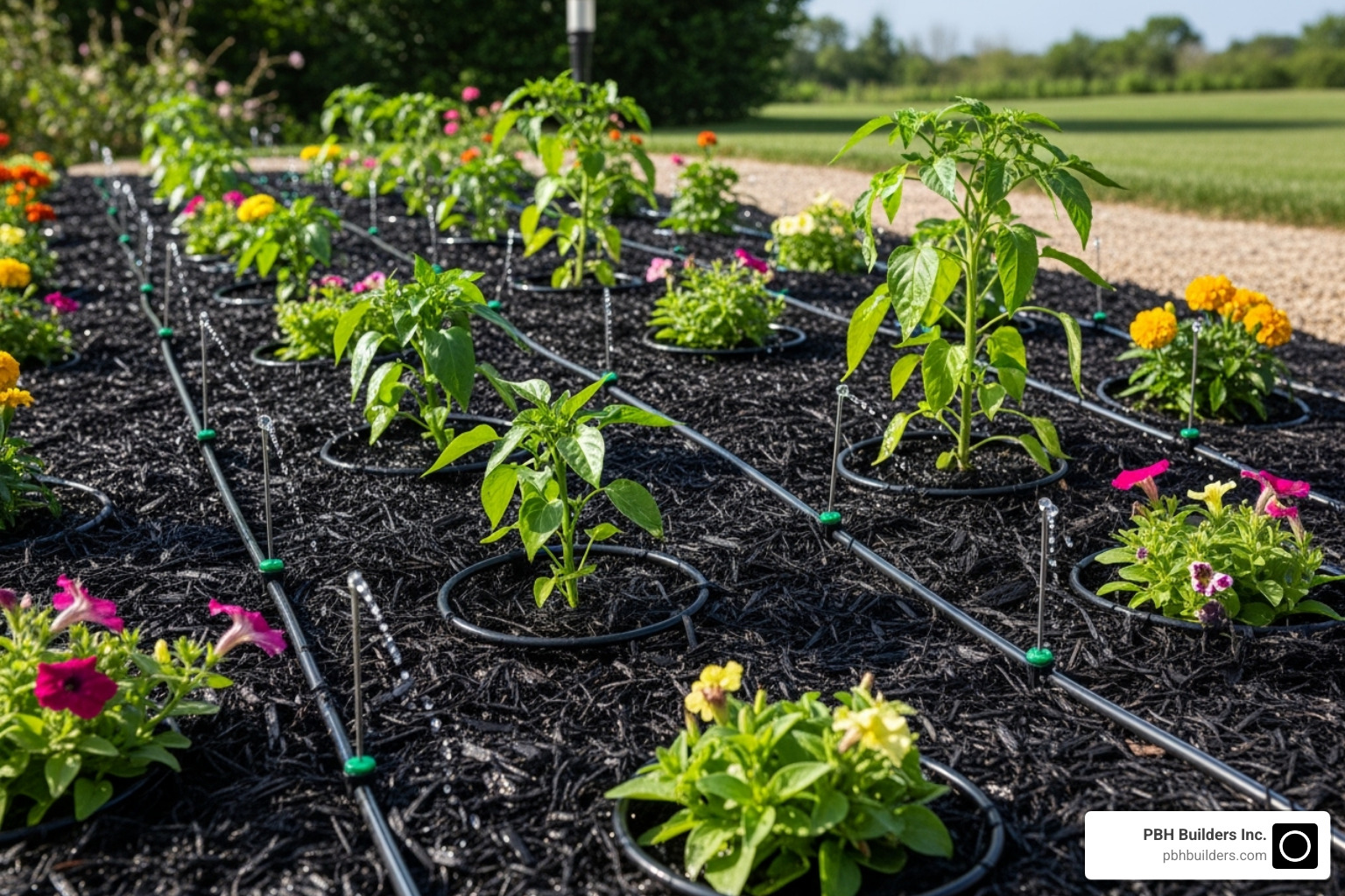A drip irrigation system watering a mulched plant bed, showing the small emitters at the base of plants - drought tolerant landscape design san diego