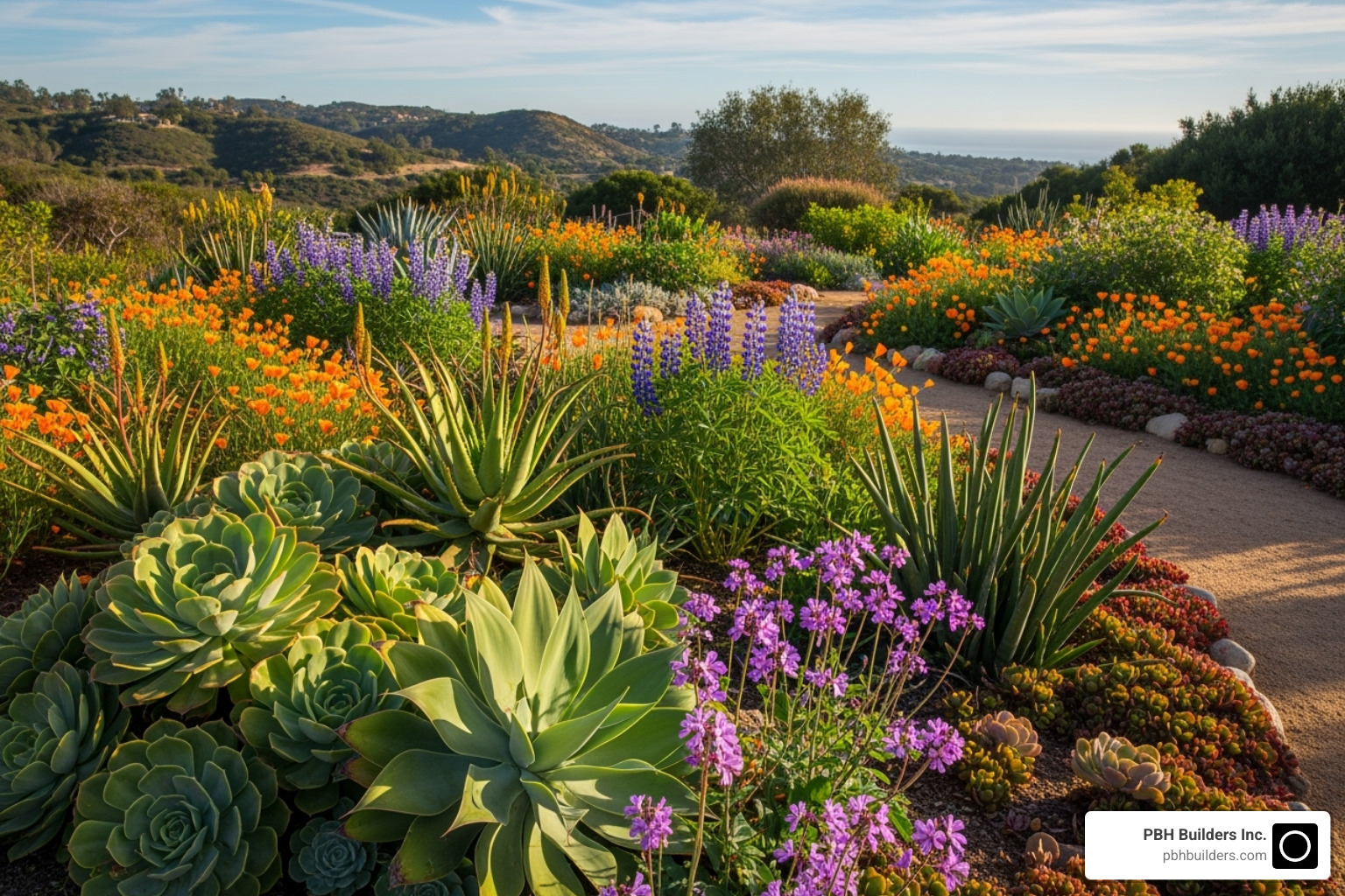 A vibrant mix of drought-tolerant succulents and native flowers in a San Diego garden - drought tolerant landscape design san diego