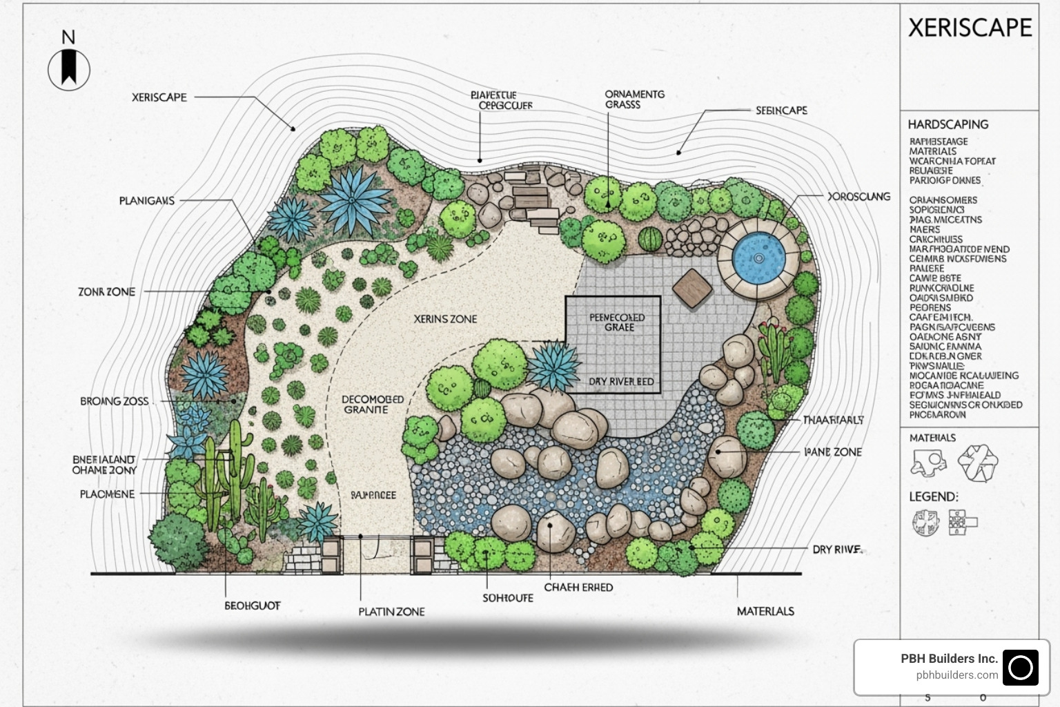 A well-designed xeriscape plan showing different zones and hardscaping elements - drought tolerant landscape design san diego
