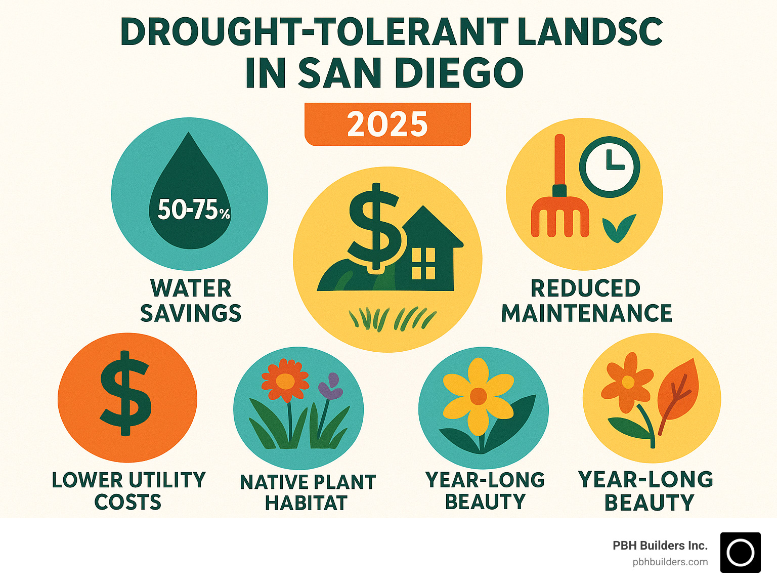 Infographic showing the core benefits of drought-tolerant landscaping in San Diego: 50-75% water savings, reduced maintenance time, lower utility costs, increased property value, native plant habitat creation, and year-long beauty with seasonal color - drought tolerant landscape design san diego infographic 