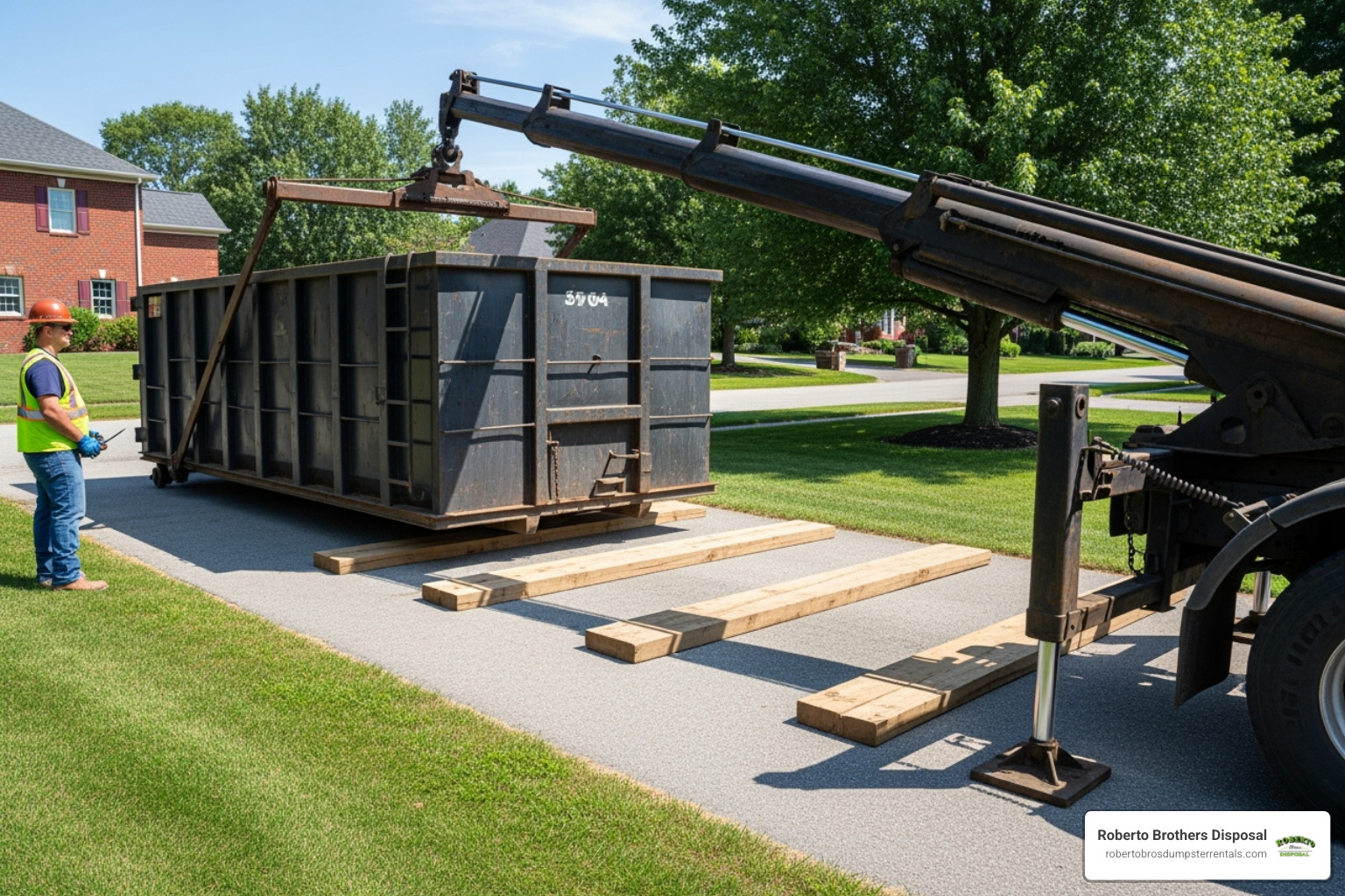 A dumpster being carefully placed on a residential driveway with protective wood underneath, highlighting safe delivery practices. - 40 yard dumpster cost