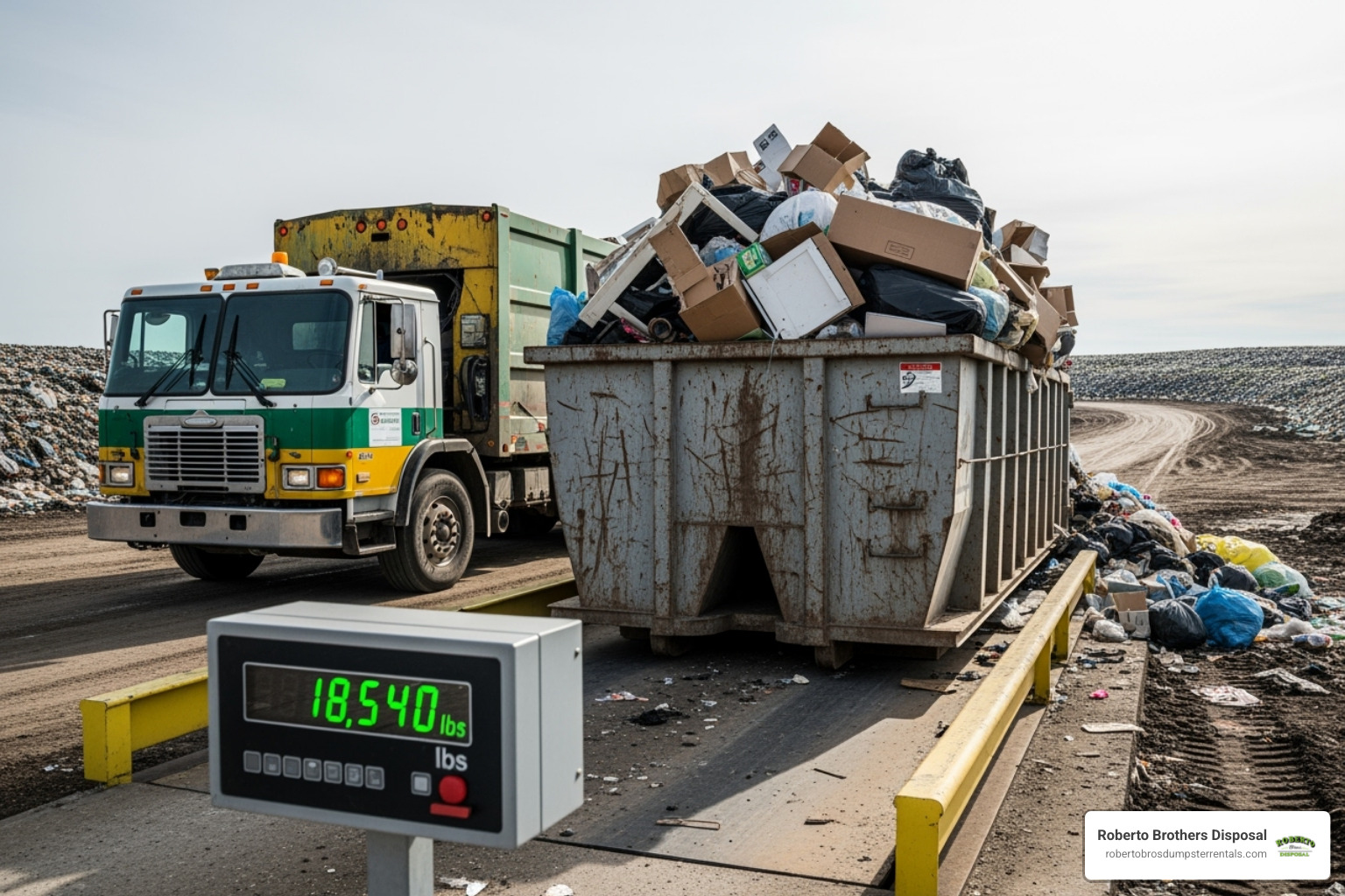 A scale weighing a full dumpster at a landfill, illustrating the importance of weight limits in dumpster rental costs. - 40 yard dumpster cost