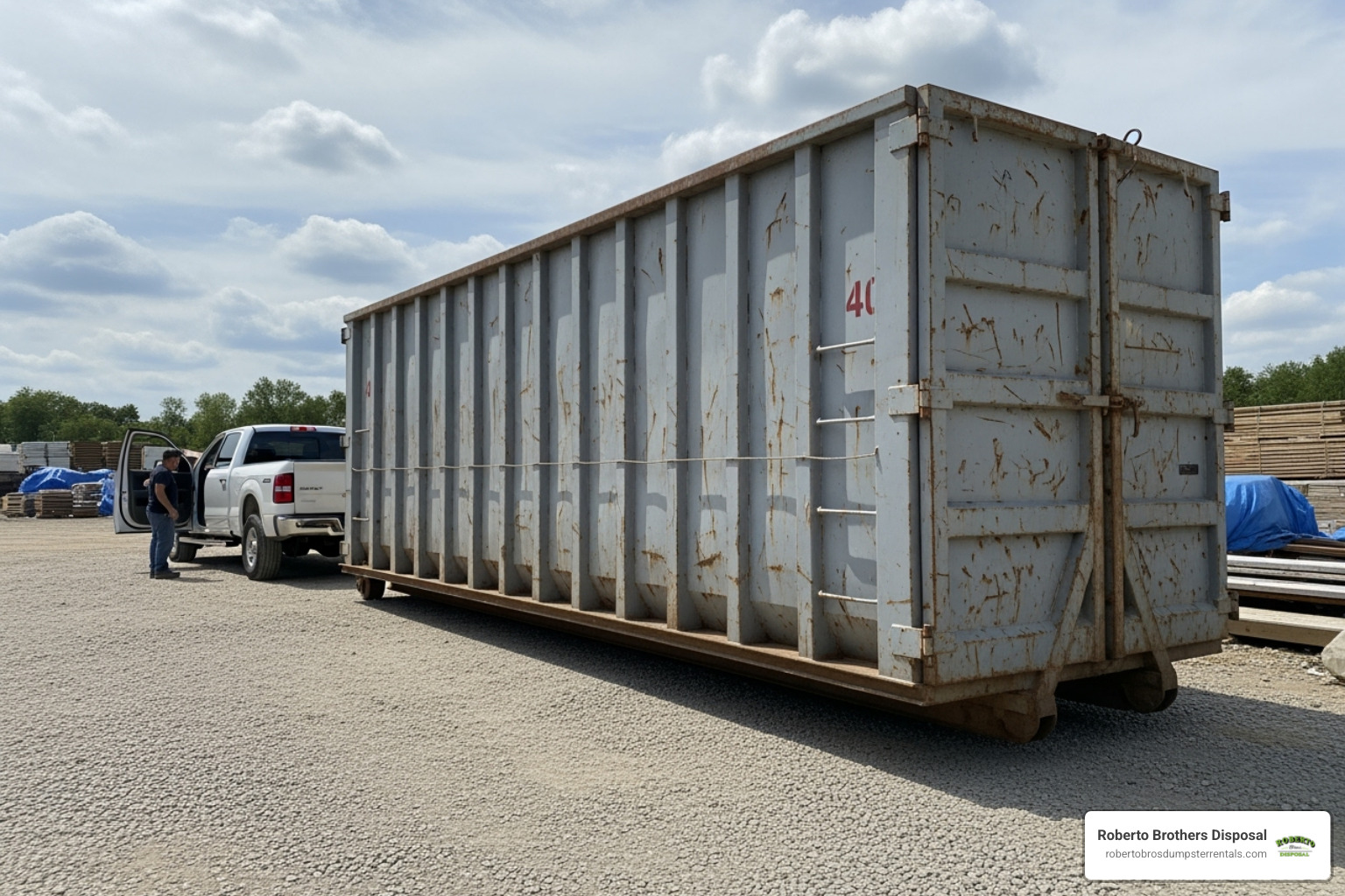 A 40-yard dumpster next to a standard pickup truck for scale, emphasizing its large size. - 40 yard dumpster cost