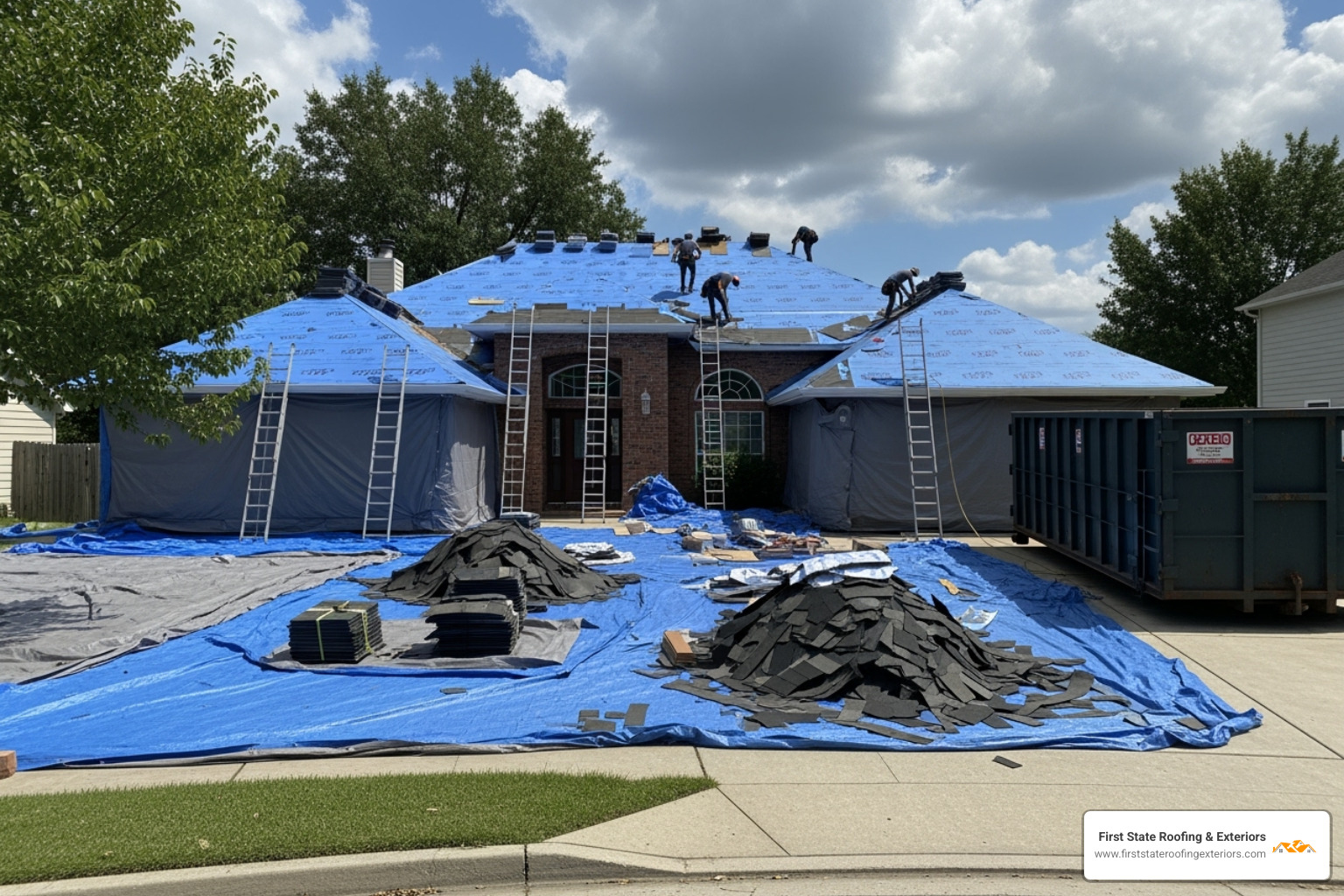 a home's landscaping and driveway protected by tarps during a roofing project - roof replacement