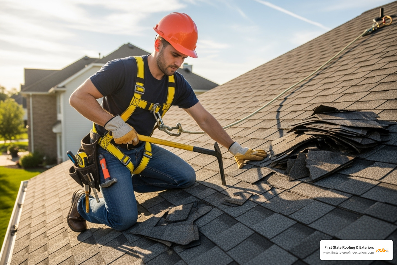 a professional roofer in safety gear working on a roof - roof replacement
