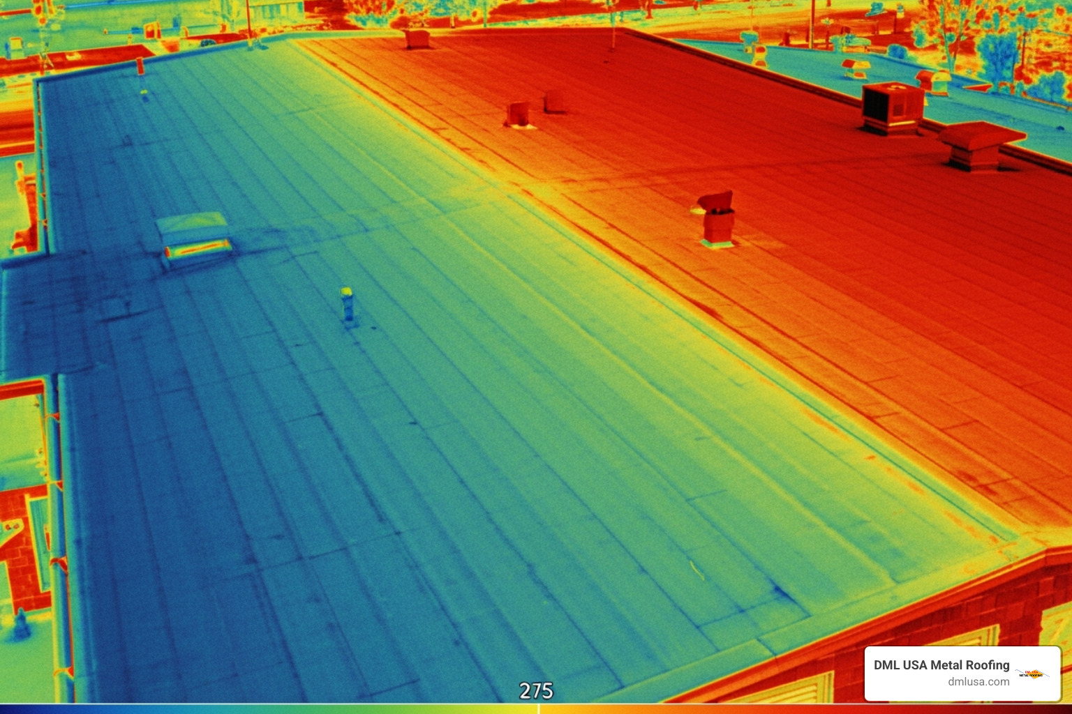 thermal camera showing a cool roof next to a hot, uncoated roof - metal roof coating companies near me